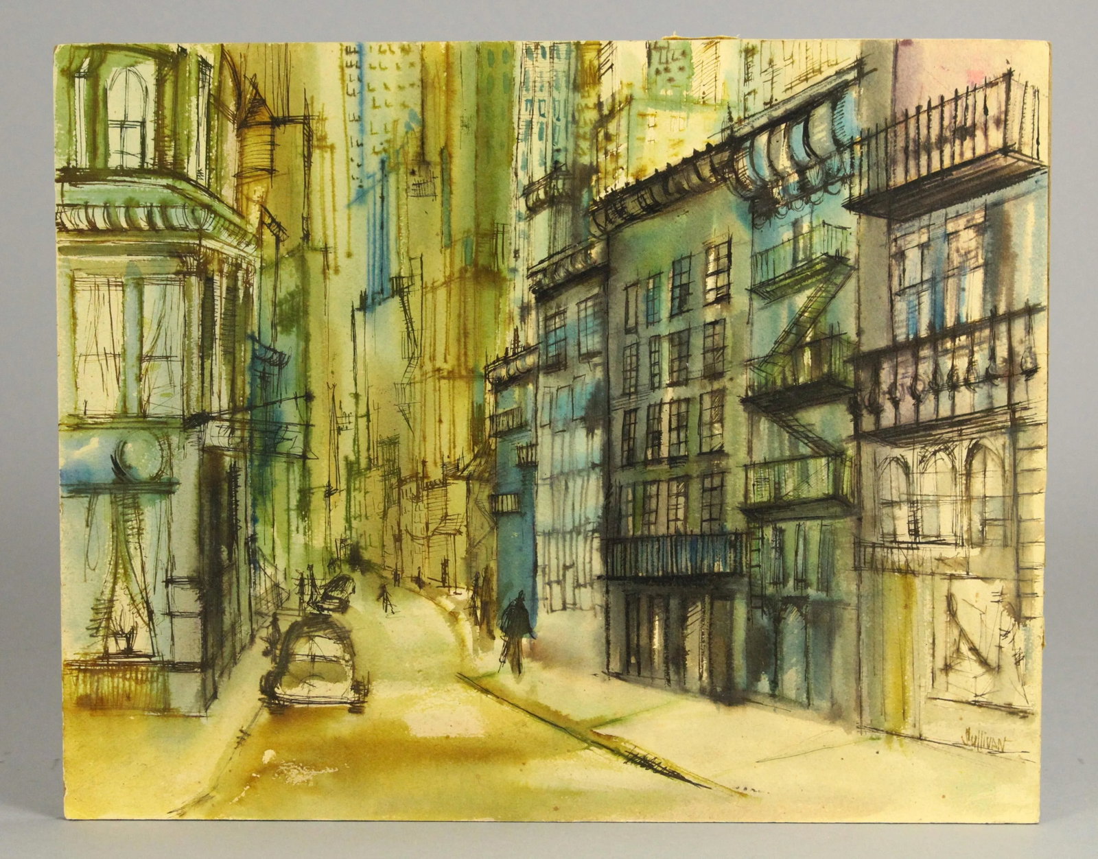 Vintage American School Modernist Urbanist Watercolor Street Scene Painting, Signed Sullivan - 9