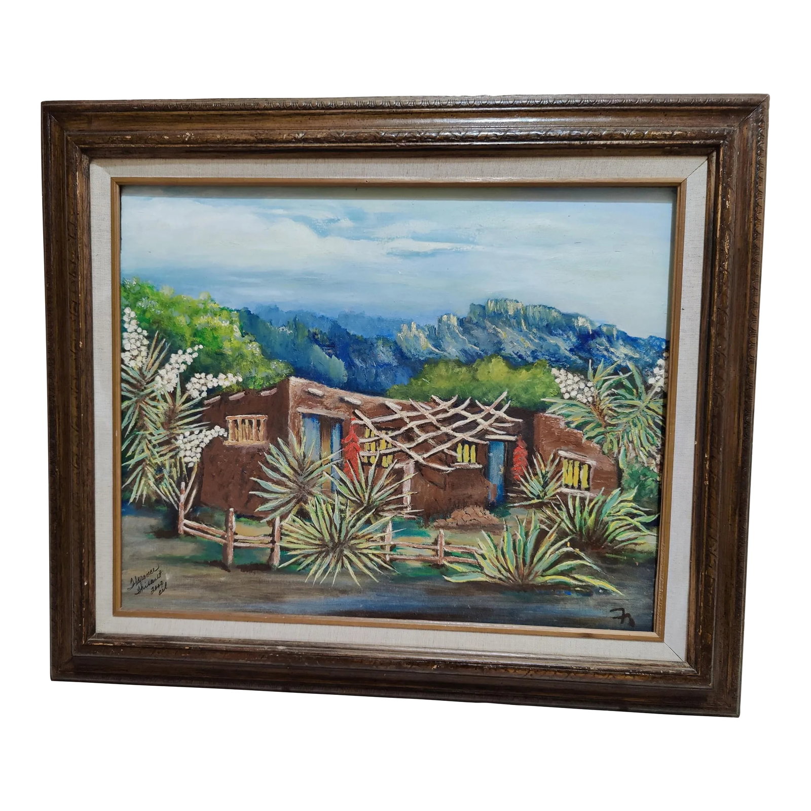 Original Southwest Oil Painting "Ranchero" Landscape Mountain Scene- Signed Florence Thibault: Up for sale is this Original Oil on Canvas Painting Signed by the artist Florence H. Thibault. The painting is named "Ranchero" The canvas is applied to foam coard board so it feels light Wood frame h