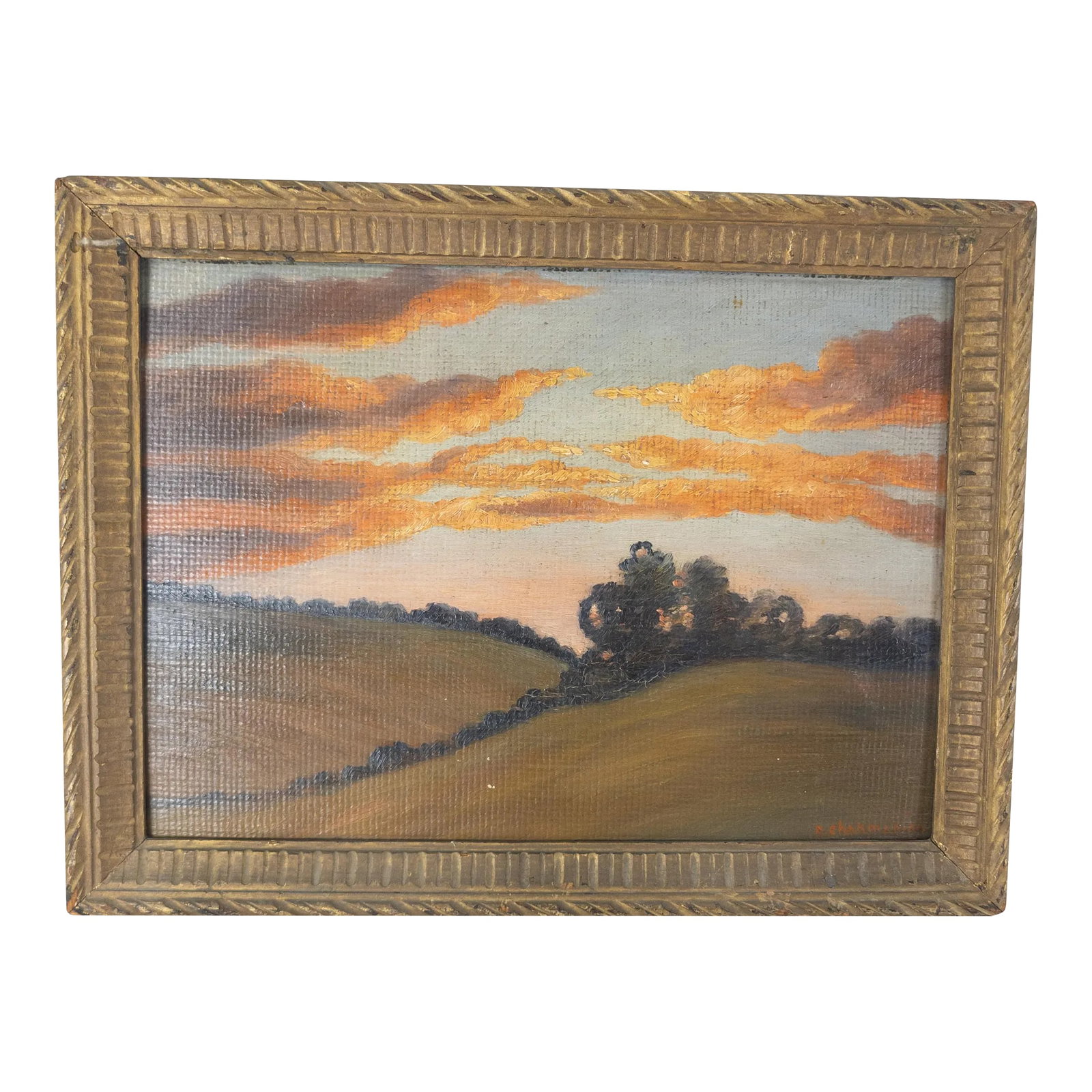 Early 20th Century Folky American Luminist Landscape Painting Signed: We are selling this bright little 19th or early 20th century landscape oil painting on an artist prepared panel. This simple painting is a hilly landscape with abstracted tree line and luminist orange