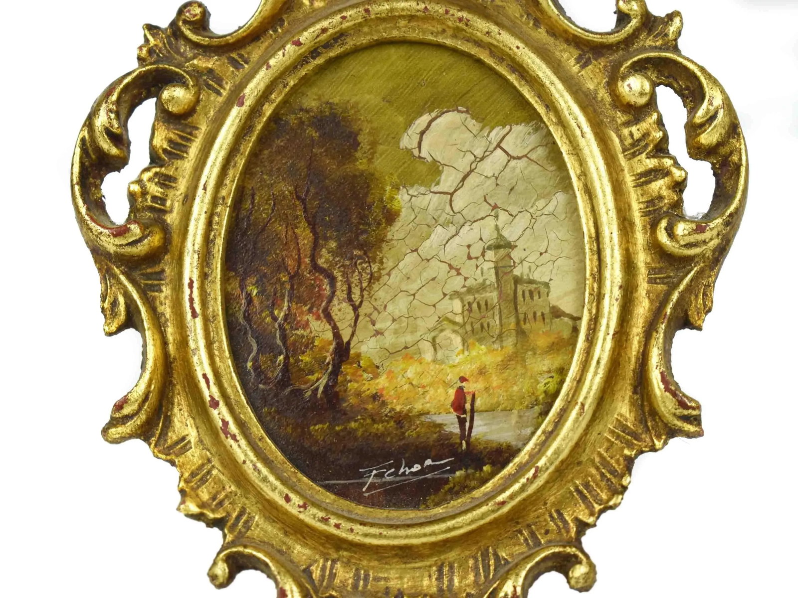 Mid 20th Century Italian Landscape Scene Painting With Gilt Gold Frame Signed - 2