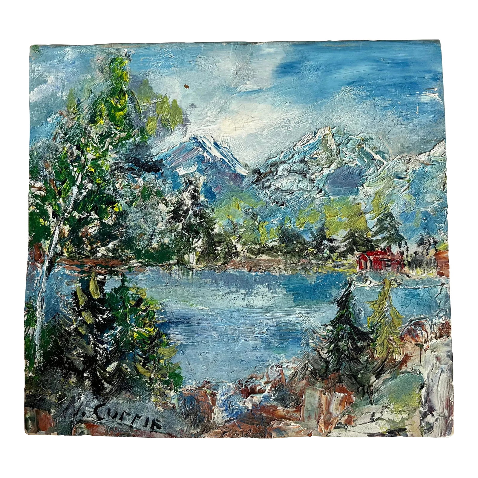 Vintage Oil Painting Summer Mountain Scene - Unframed: Vintage original oil mini Summer mountain lake and cabin painting on folded card stock. Signed N. Currie. Condition: Alterations: Original Condition Unaltered Imperfections: Some Imperfections
