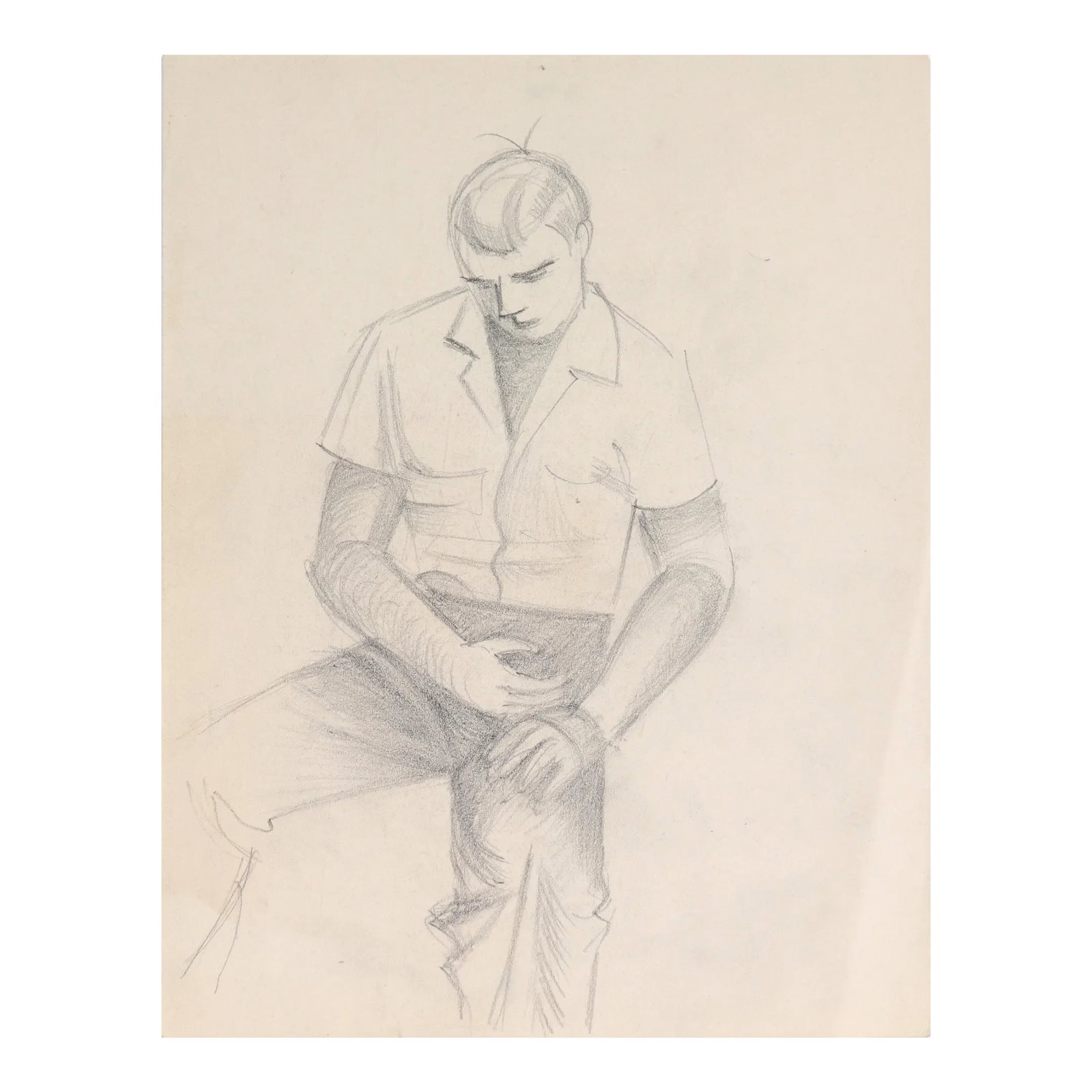 Seated Male Figure Mid 20th Century Graphite: This 1940-50s graphite on paper seated figure study is by second generation New York School artist Richard Caldwell Brewer (1923-2014). Brewer along with his charmed circle of artist friends, represen