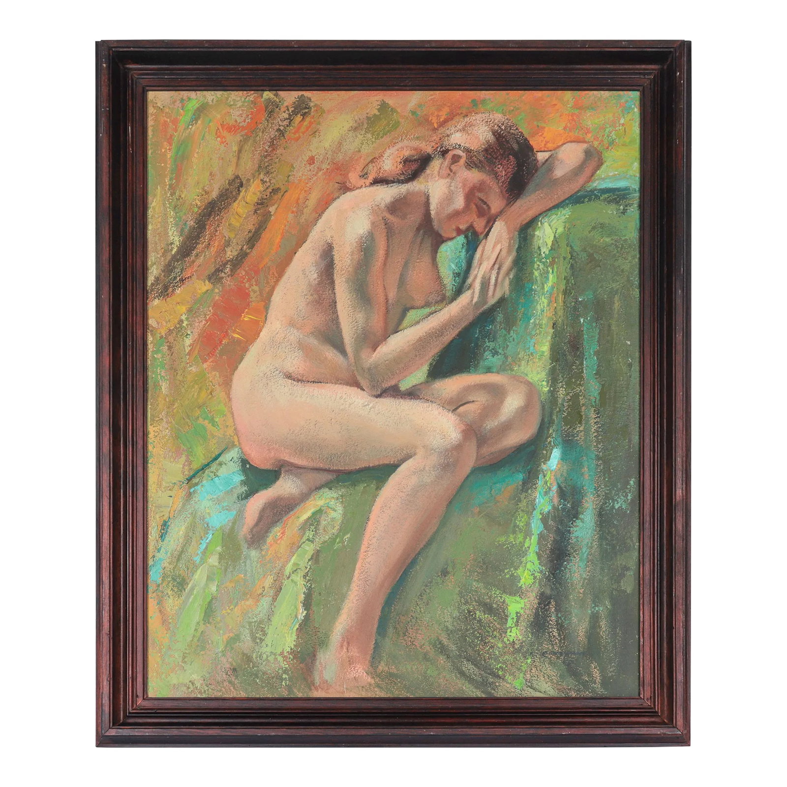 Resting Female Nude 1959 Oil: Edna Raney This 1959 oil on board female nude scene was painted by Bay-Area portrait artist, Edna Raney. Edna Raney studied at San Francisco School of the arts under David Park and continued her
