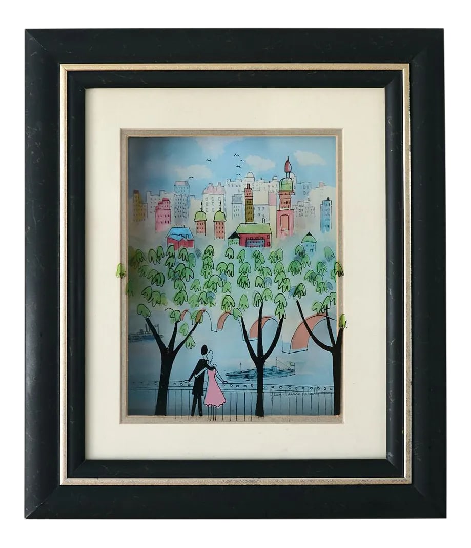 1990s Mid-Century Modern Scenic Cityscape 3-D Vitreography Painting by Jean Pierre Weill: Charming vitreography painting of a scenic cityscape by French artist Jean Pierre Weill. Weill invented and trademarked the term "vitreography", a technique of painting on different glass panes and
