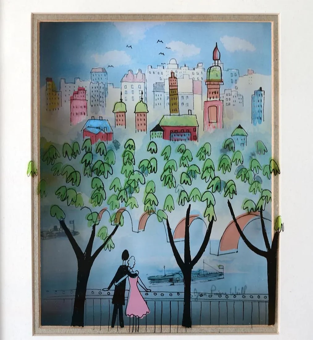1990s Mid-Century Modern Scenic Cityscape 3-D Vitreography Painting by Jean Pierre Weill - 3