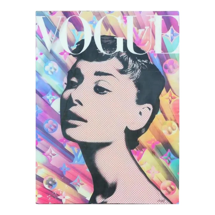 "Audrey Hepburn Vogue" Contemporary Mixed-Media Collage by Jim Hudek: Collage Vogue portrait of Audrey Hepburn. The work is signed by the artist in the bottom corner. Jim Hudek is an emerging artist in the Texas region and Houston Texas. A native Houstonian self-taught 