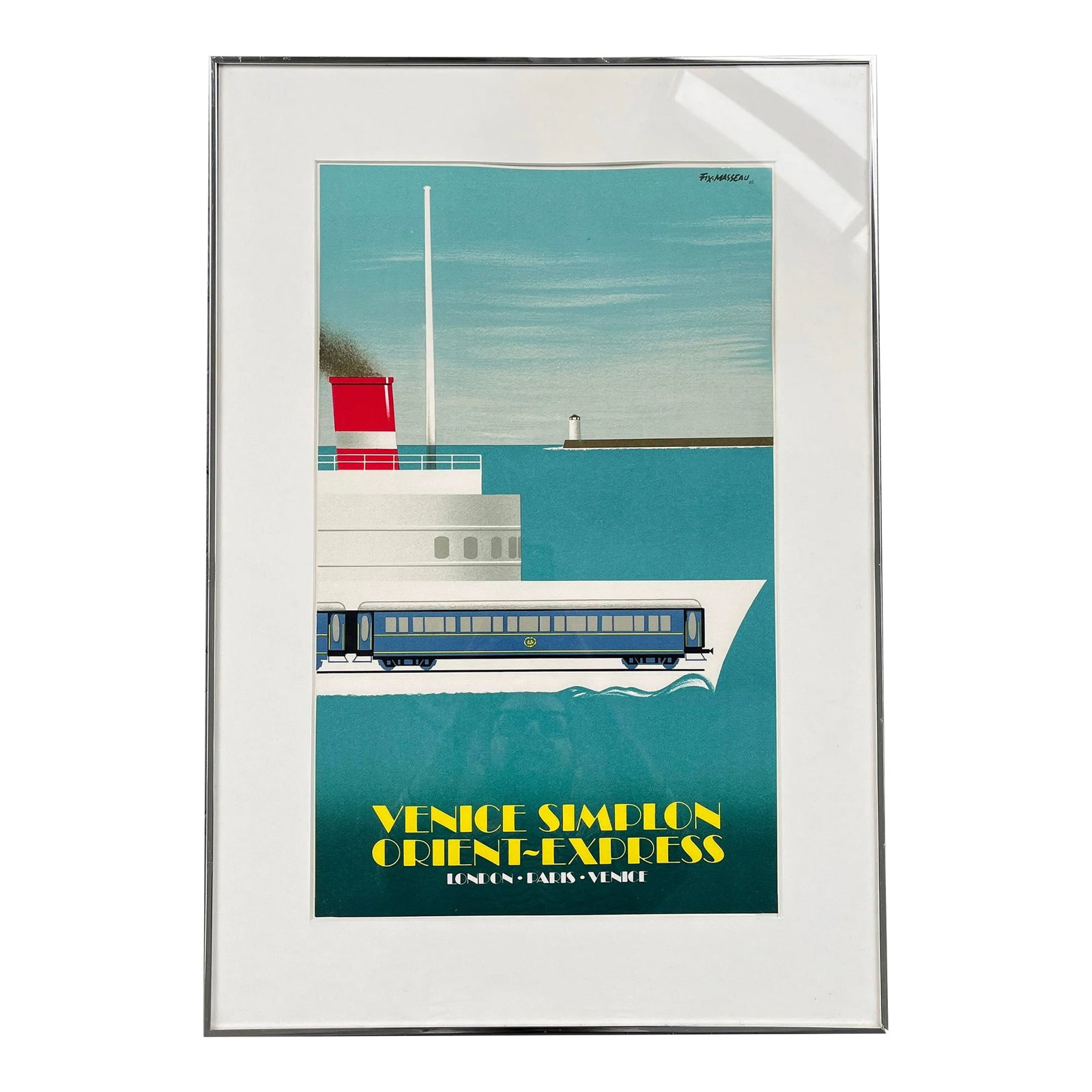 Vintage "Venice Simplon Orient Express" Lithograph Poster, Circa 1980s: Vintage "Venice Simplon Orient Express" Lithograph Poster, Circa 1980s. Art Deco in style, the advertisement harkens back to the golden age of luxury travel. Featuring a cropped, cross-section view of