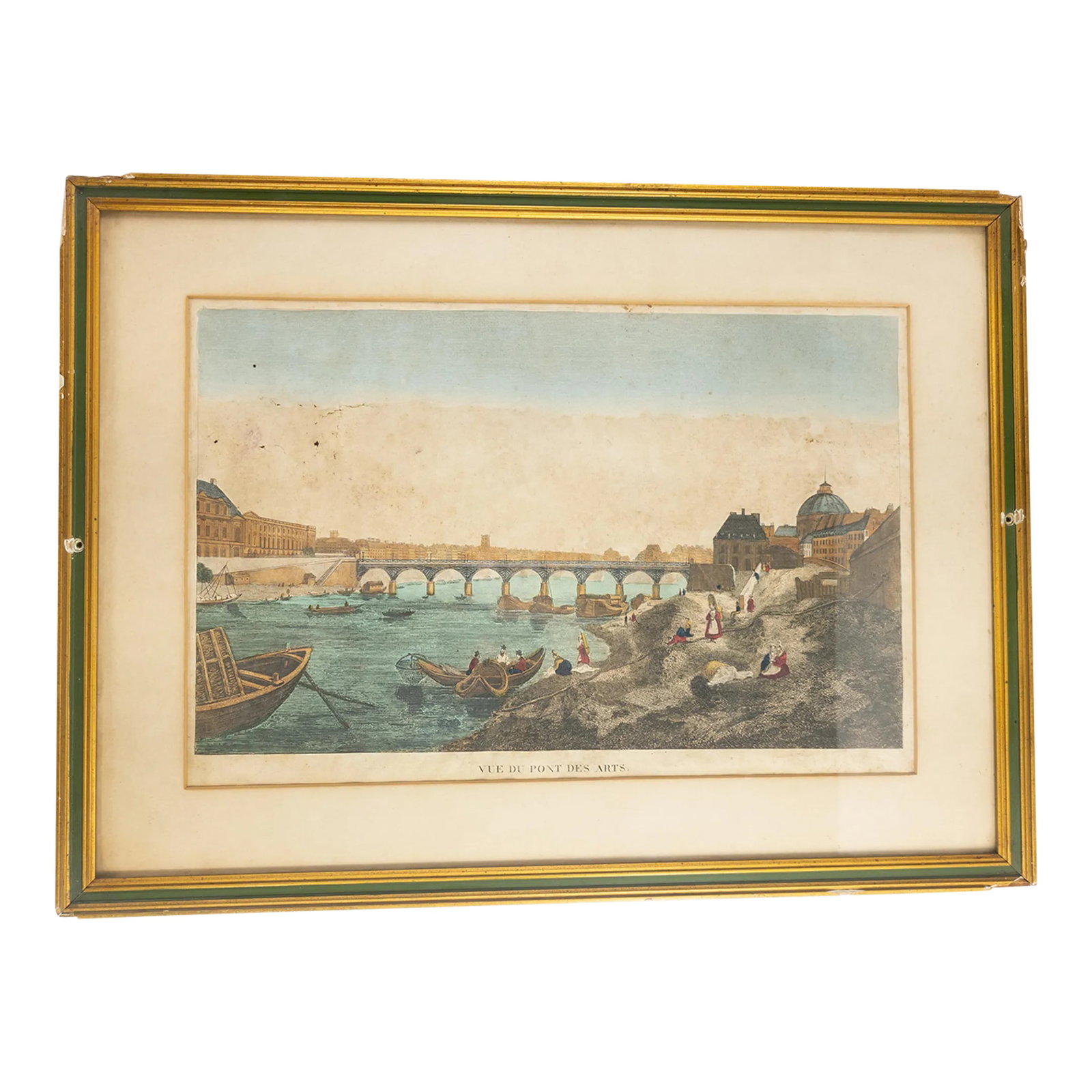 18th or 19th Century French Hand Colored Engraving Print of Paris: We are selling this hand colored copper engraving print. This print may be 18th century and is of Vue Du Pont Des Arts on the Seine in Paris. It is in very rough condition. Condition:Very rough