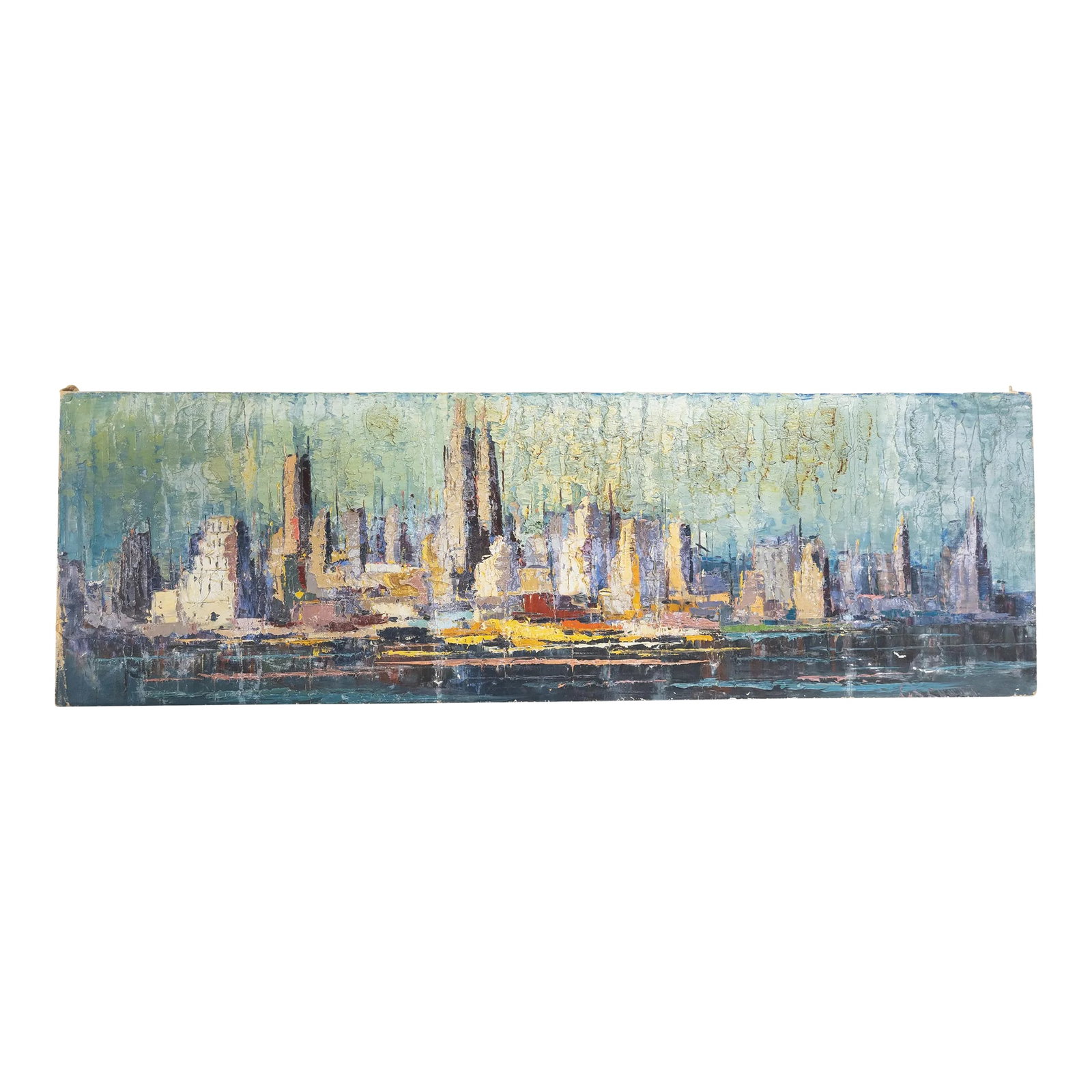 Mid-Century Modern Abstract Impressionist Oil Painting Cityscape of New York City: We are selling this cool Mid Century modern colorful cityscape of New York City. This abstracted cityscape has very heavy impasto application of the oil paint creating a very three dimensional feeling