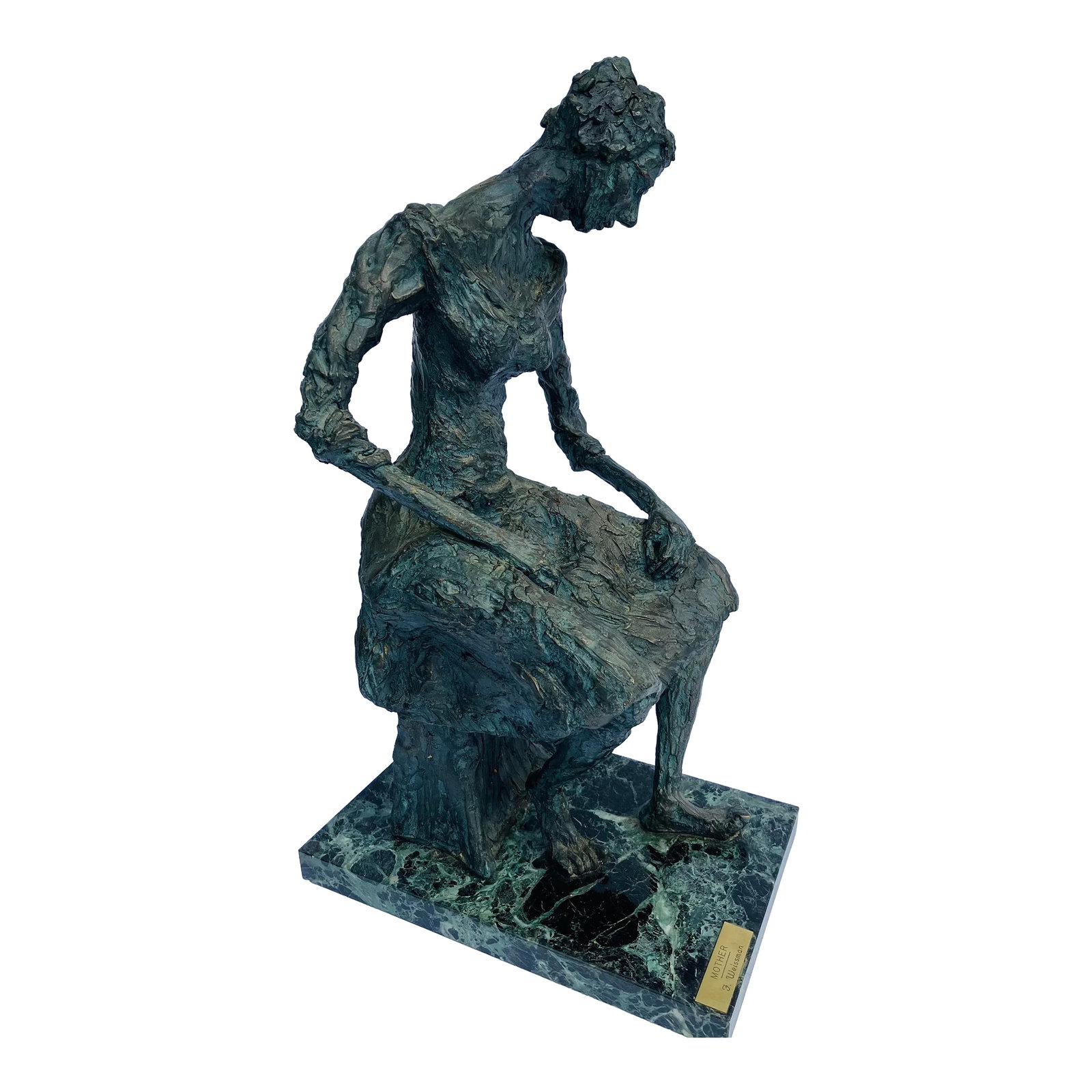 2000s Modernist Figurative Female Sculpture Signed F. Weissman: This sculpture entitled "Mother" was created by Ananda F. Weissman a Provincetown artist It is signed in the back of the sculpture and on a brass plate attached to the marble base This is a compositio