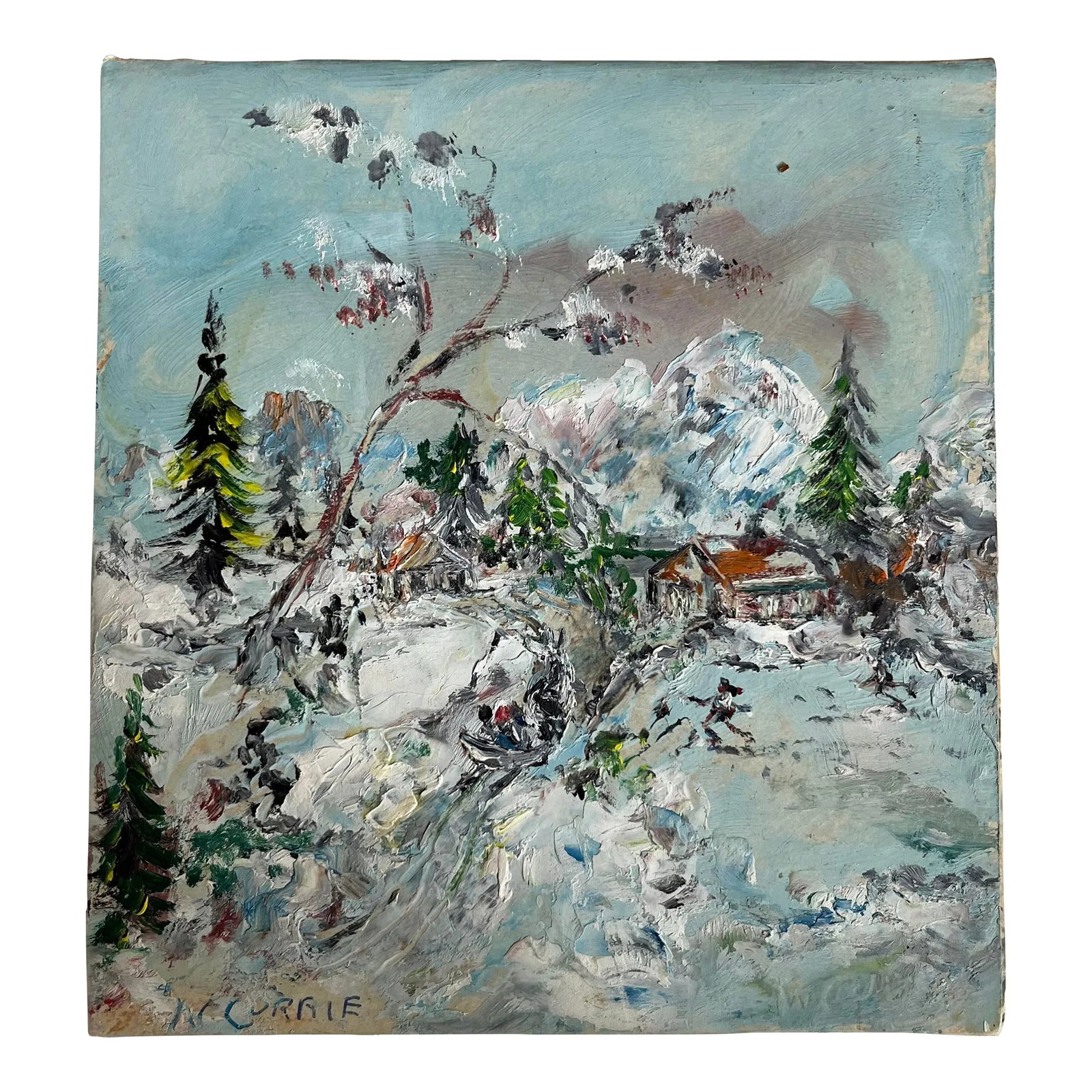 Vintage Mini Oil Winter Mountain Cabin Painting - Unframed: Vintage original oil mini winter mountain lake and cabin painting on folded card stock. Signed N. Currie. Condition: Alterations: Original Condition Unaltered Imperfections: Some Imperfections