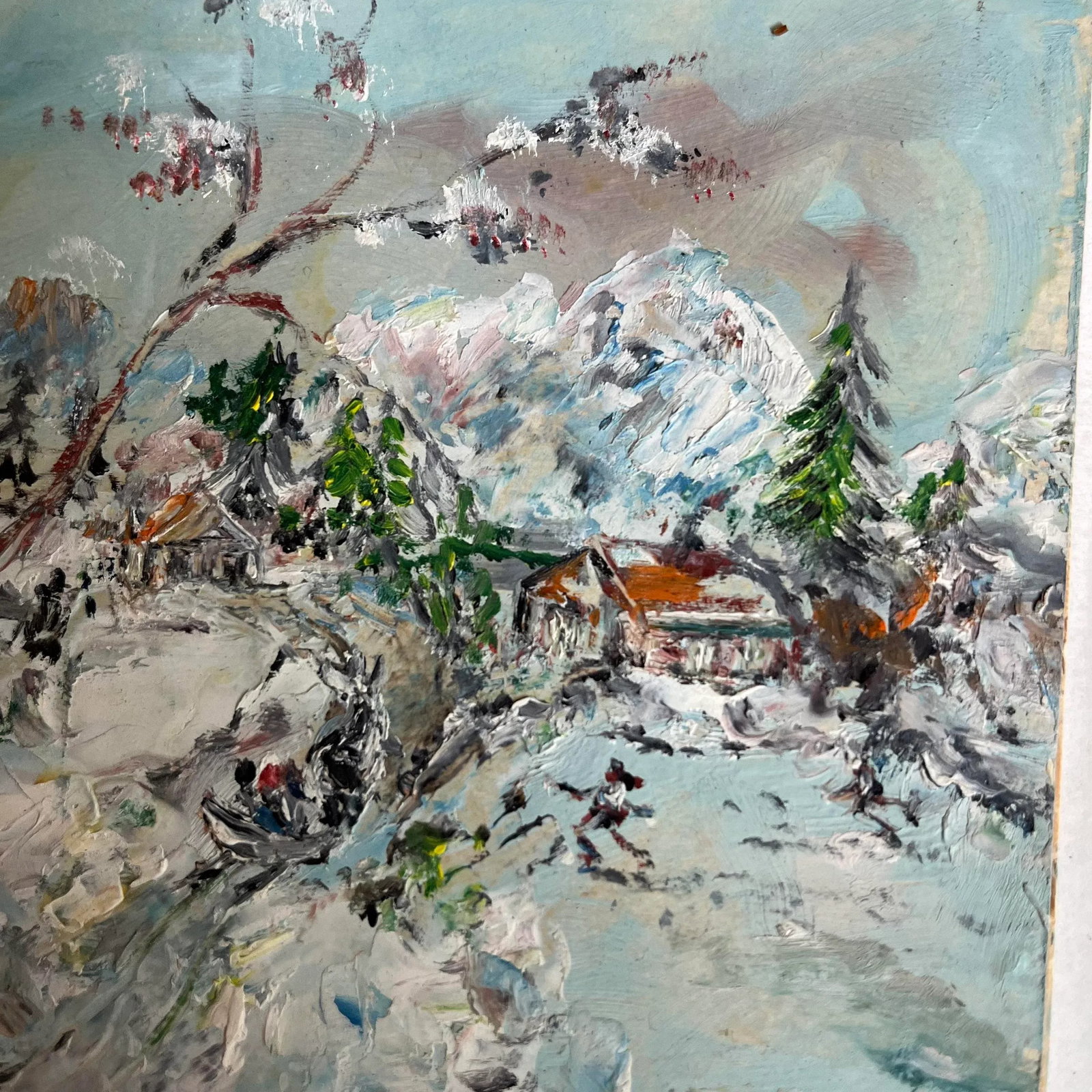 Vintage Mini Oil Winter Mountain Cabin Painting - Unframed - 2