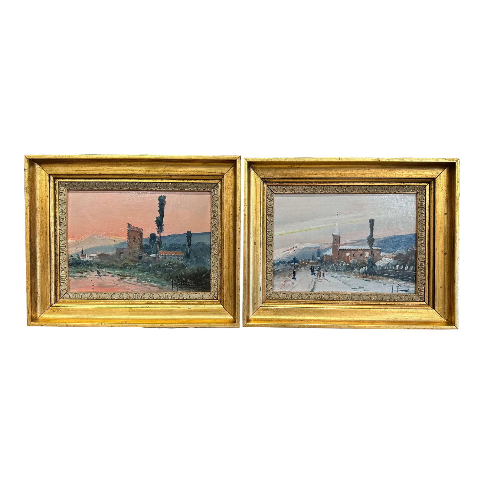 Pair Mid-Century French Paintings on Board in Gilt Frames Signed F. Blanco: Decorate a powder room, a study or a den with this elegant pair of antique paintings. Hand painted in France circa 1920 and signed by the artist, F. Blanco, each colorful artwork on board is set in a 
