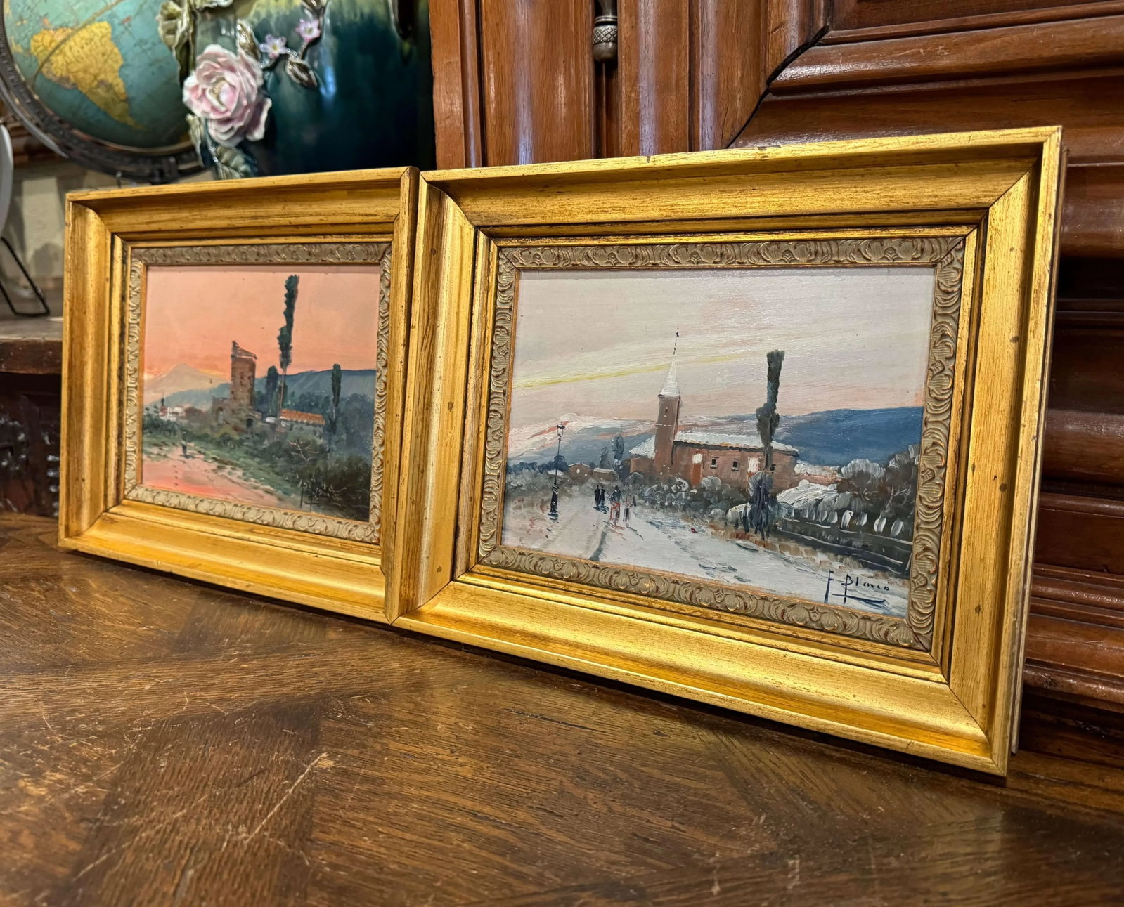 Pair Mid-Century French Paintings on Board in Gilt Frames Signed F. Blanco - 2