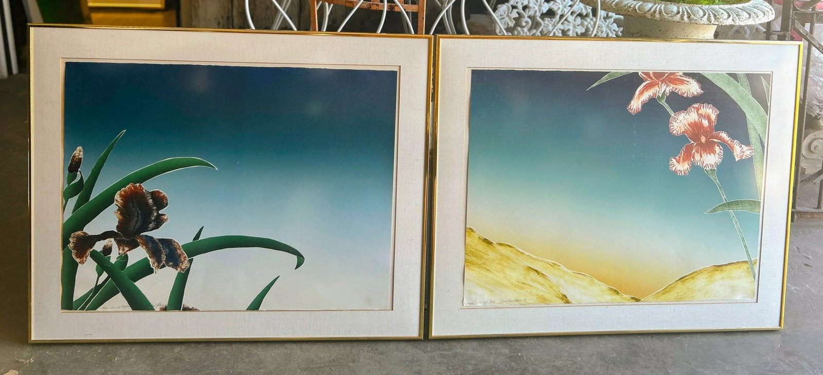 1980s Original Signed "Iris at Daybreak" and "Iris at Dusk" Framed Woodcut Silkscreens by D. Goldste - 2