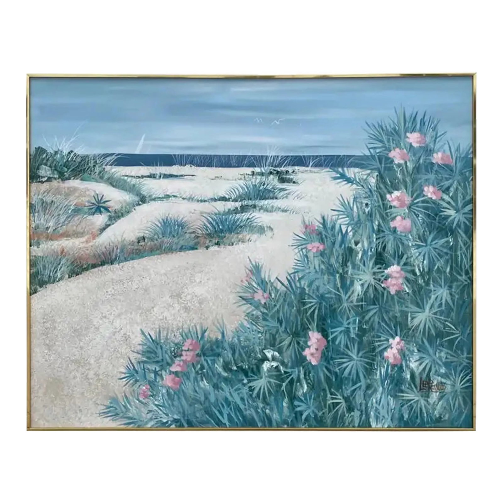 Large Lee Reynolds Original Signed Coastal Beach Painting Midcentury Modern Art: Oversized midcentury modern large scale original Lee Reynolds oil painting on canvas depicting a beach or ocean coastal scene with bird, floral, and sailboat motifs. Colors consist of beautiful greens