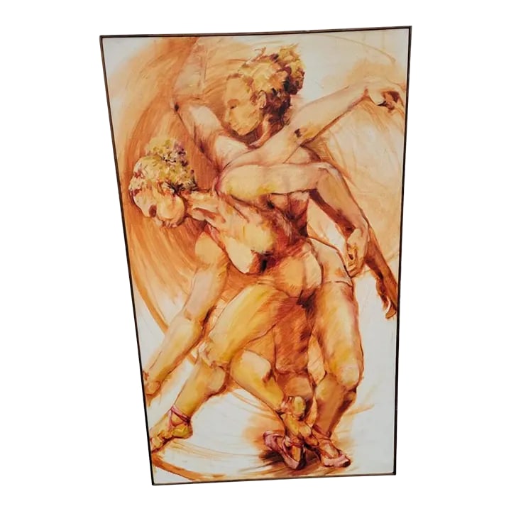 Vintage Figural Oil Painting of Ballet Dancers: Vintage Figural Oil Painting of Ballet Dancers - Wall Art This monochromatic oil painting captures the graceful movement of ballet dancers. The disciplined and dynamic motions depicted in neutral