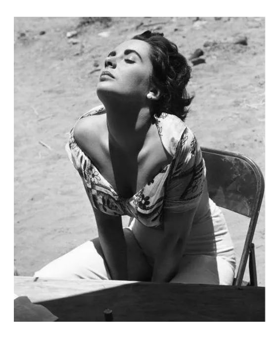 Elizabeth Taylor on the Set of "Giant" 1955 (Photo by Sid Avery): Elizabeth Taylor sunning herself while on location in Marfa, Texas for the film "Giant," 1955. 11" x 14" silver gelatin fiber based print signed on recto by the photographer Sid Avery. Edition #6 /