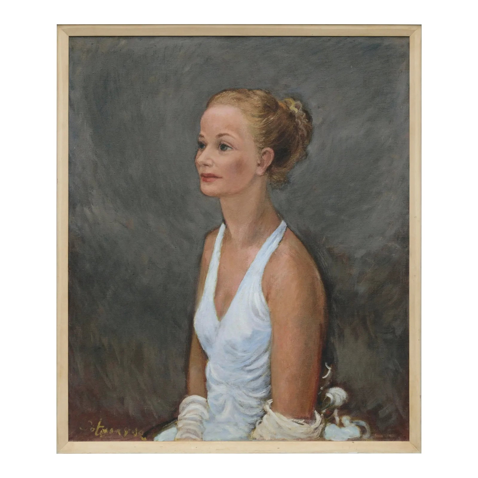 Portrait of a Woman in White Dress by Antonio Sotomayor: Portrait of a young woman in an elegant white dress by Antonio Sotomayor (Bolivian, 1902-1985). Signed "Sotomayor" in the lower left corner. Presented in a wood frame. Image size: 30.25"H x 25.25"W