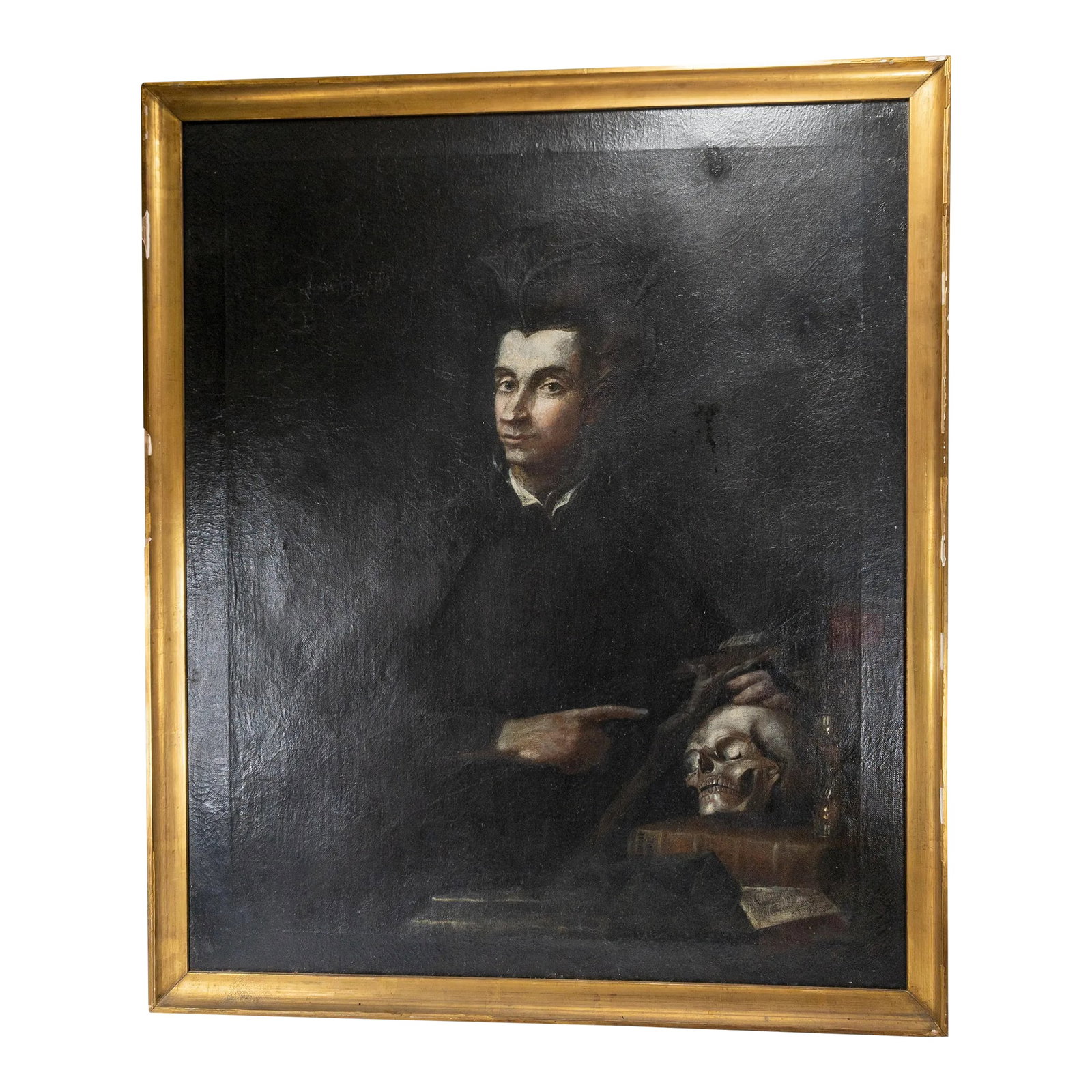 18th Century Italian Old Master Memento Mori Portrait Painting of a Padre: We are selling this great symbolic 18th Century oil on canvas painting. This Memento Mori painting comes from the North Italian school of Painting. It is now a dark portrait of "Father Eustacchio