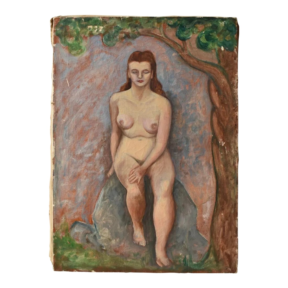 Vintage Seated Nude Painting on Canvas, Circa 1940s: Vintage Seated Nude Painting on Canvas, Circa 1940s. A playful rendering of a nude seated with closed eyes atop a boulder under a tree. The background is a rendered with a soft palette of mottled