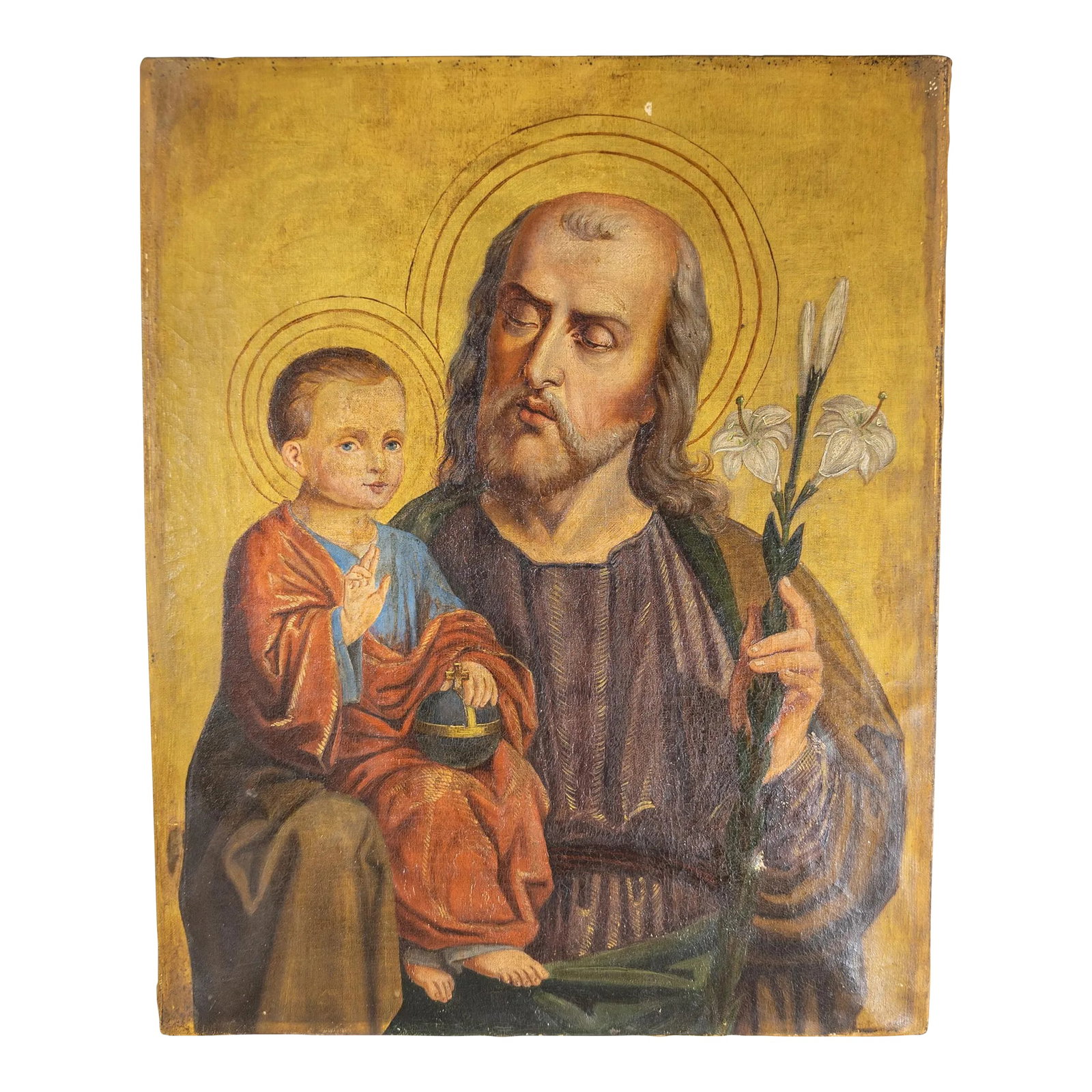 18th or 19th Century Religious Icon Oil Painting of St. Joseph: We are selling this great 19th Century Religious Icon oil painting. This great painting appears to be St Joseph and is extremely well painted, the figure almost has a Durer-esque style. We can't seem