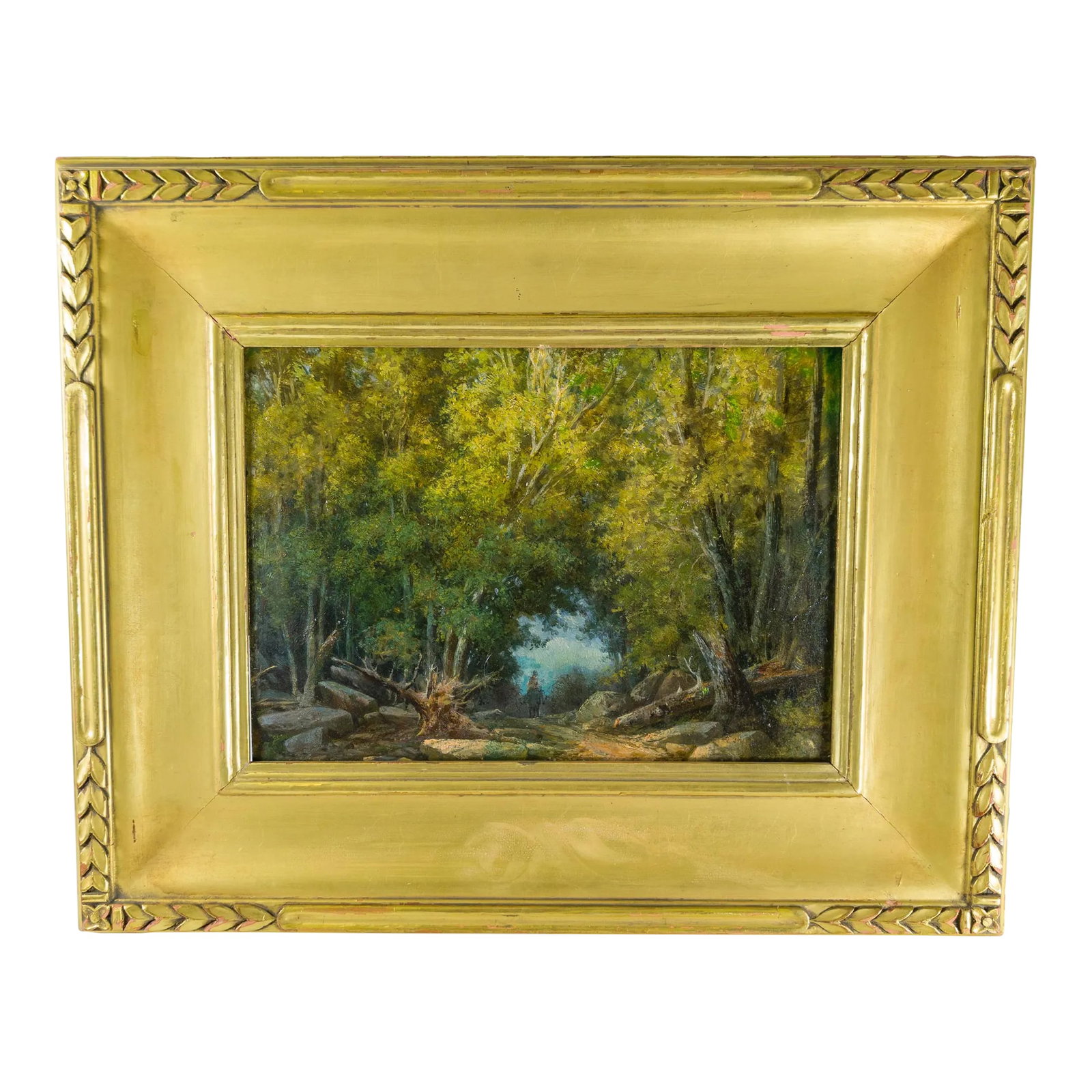 19th Century Hudson River School Style Landscape Painting of a Loan Rider in the Woods: We are selling this well painted American or German school landscape painting. This oil painting is executed on a walnut panel and features a lone rider on a path surrounded by a heavily wooded