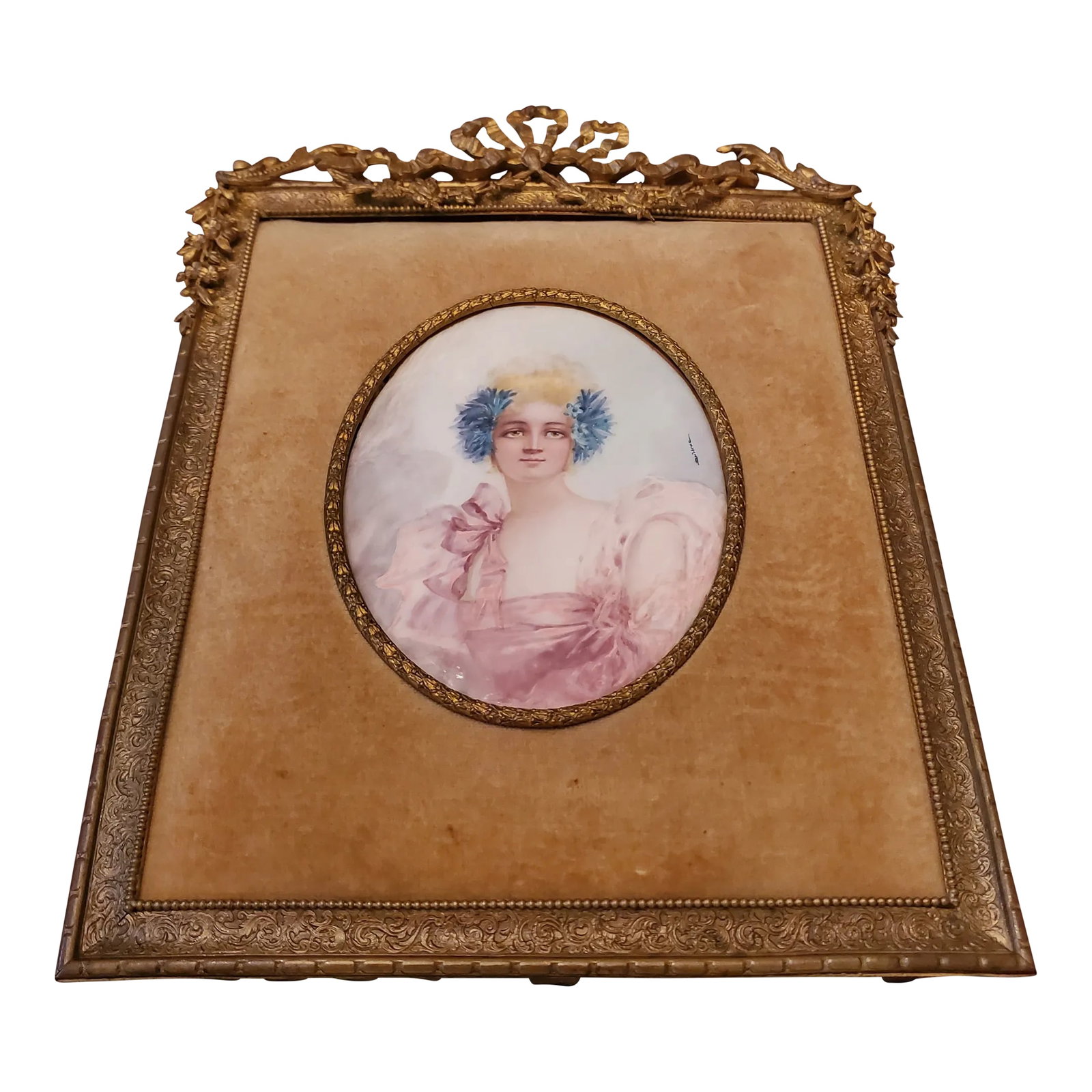 Antique Large Miniature Painting Empire Bronze of a Beauty: A magnificent over 150 years old miniature painting of a beautifully presented young lady of affluence. Having its original Dore bronze ormolu frame and antique velvet mat protected by a convex dome .