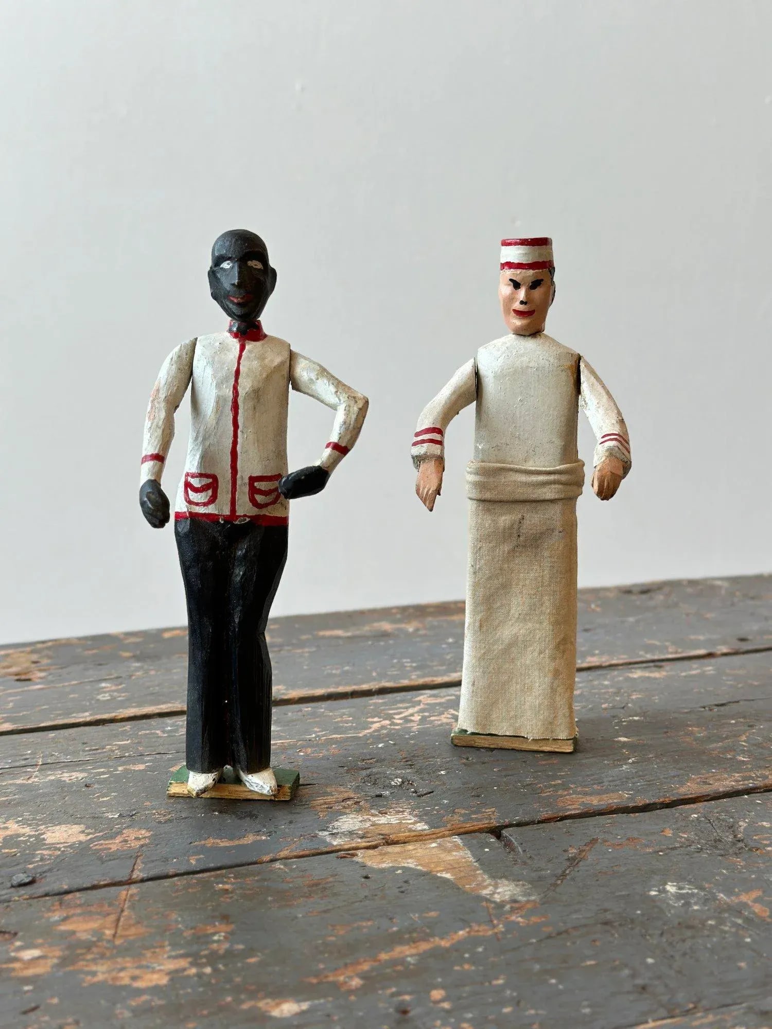 Antique Folk Art Carved Black + White Occupational Figures, a Pair, Circa 1940s - 2