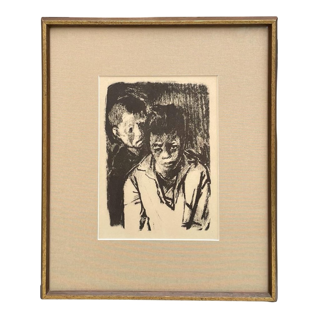 Mid 20th Century Egyptian Modernist Figural Lithograph by Hamed Abdalla: Original framed lithograph of two somber, young males by Hamed Abdalla, an influential figure in Egyptian and Arab modernism whose work is held in major institutions worldwide including The Met and