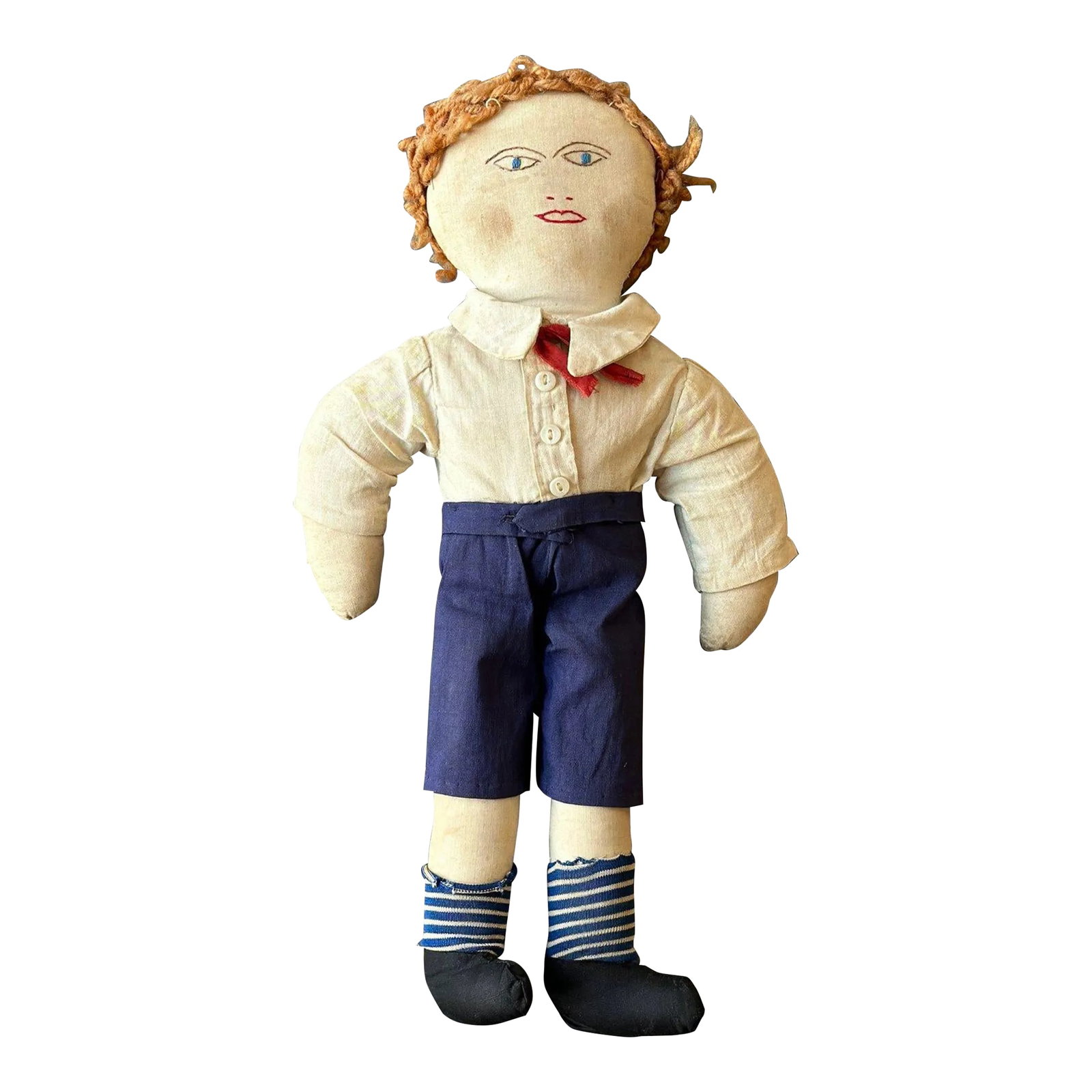 Antique Clothed Cotton Rag Doll With Embroidered Face, Circa Early 20th Century: Antique Clothed Cotton Rag Doll with Embroidered Face, Circa Early 20th Century. Woolen yarn strawberry blonde hair and hand embroidered naively rendered facial features. The figure is smartly dressed