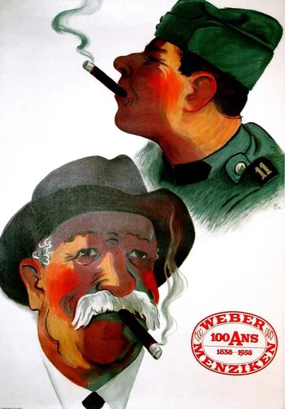 Weber Menziken Vintage Swiss Cigar Poster 1938: RARE SWISS vintage cigar poster; Weber Menziken. Artist Laubi, 1938 stone lithograph Line backed; excellent condition Condition: Alterations: Original Condition Unaltered Imperfections: Some Imperfect