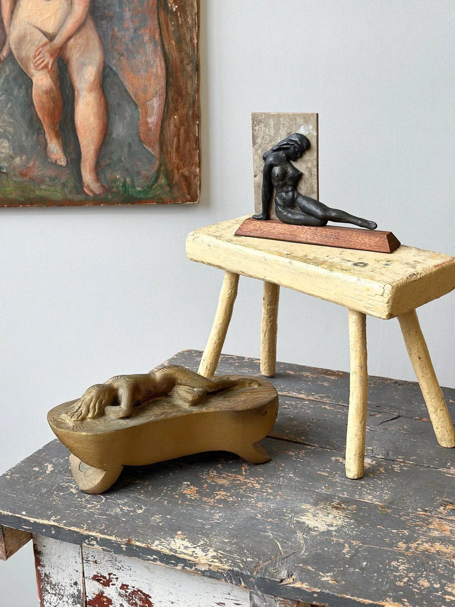 Vintage Gold-Painted Carved Wood Nude in Repose, Circa 1950s - 2