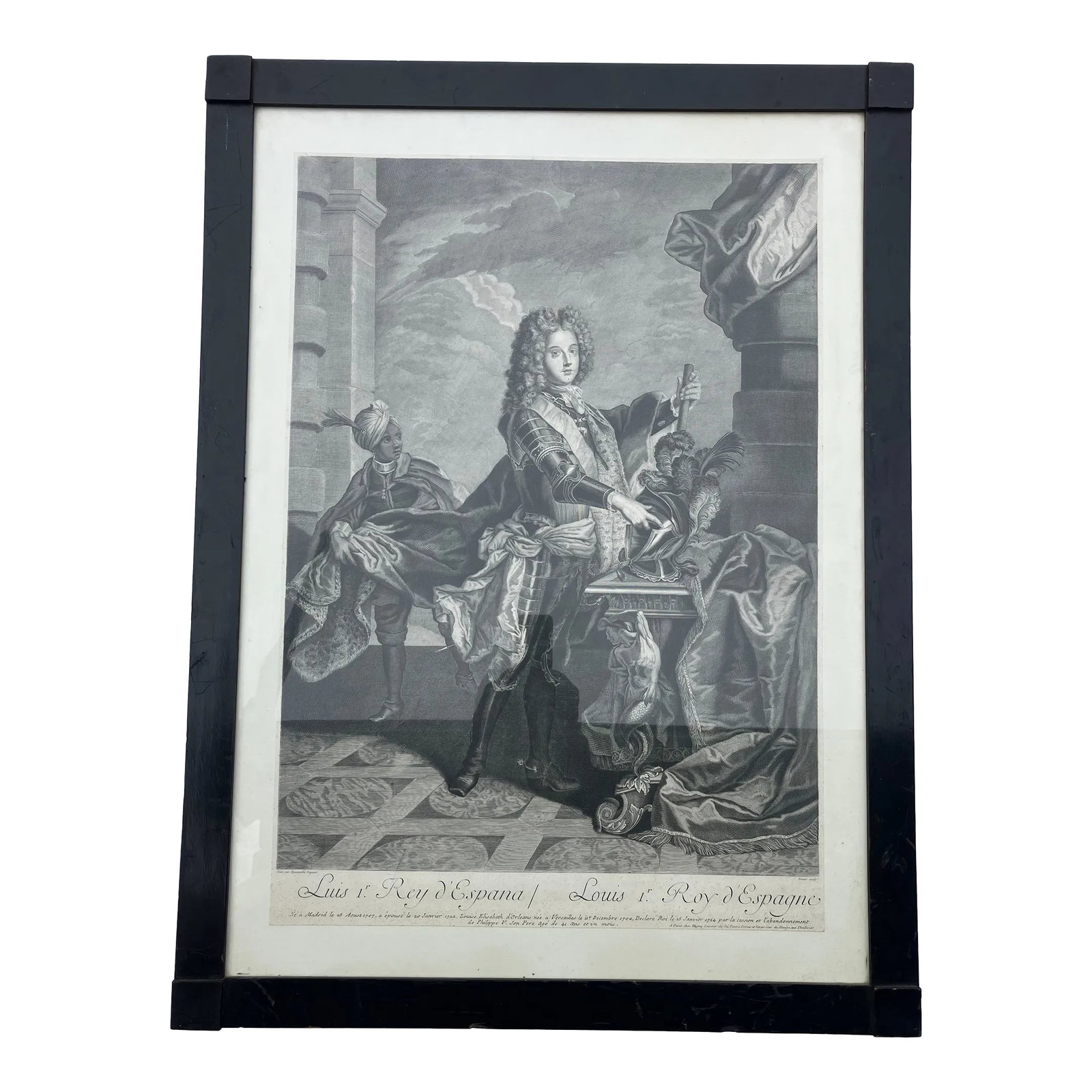 18th Century French Etching: Portrait of Louis 1 of Spain: This engraving was made in the 18th century France by Pierre Drevet (1630- 1738) the oil portrait of the young king was painted by Hyancinthe Rigaud and is the inspiration for the engraving. Louis 1