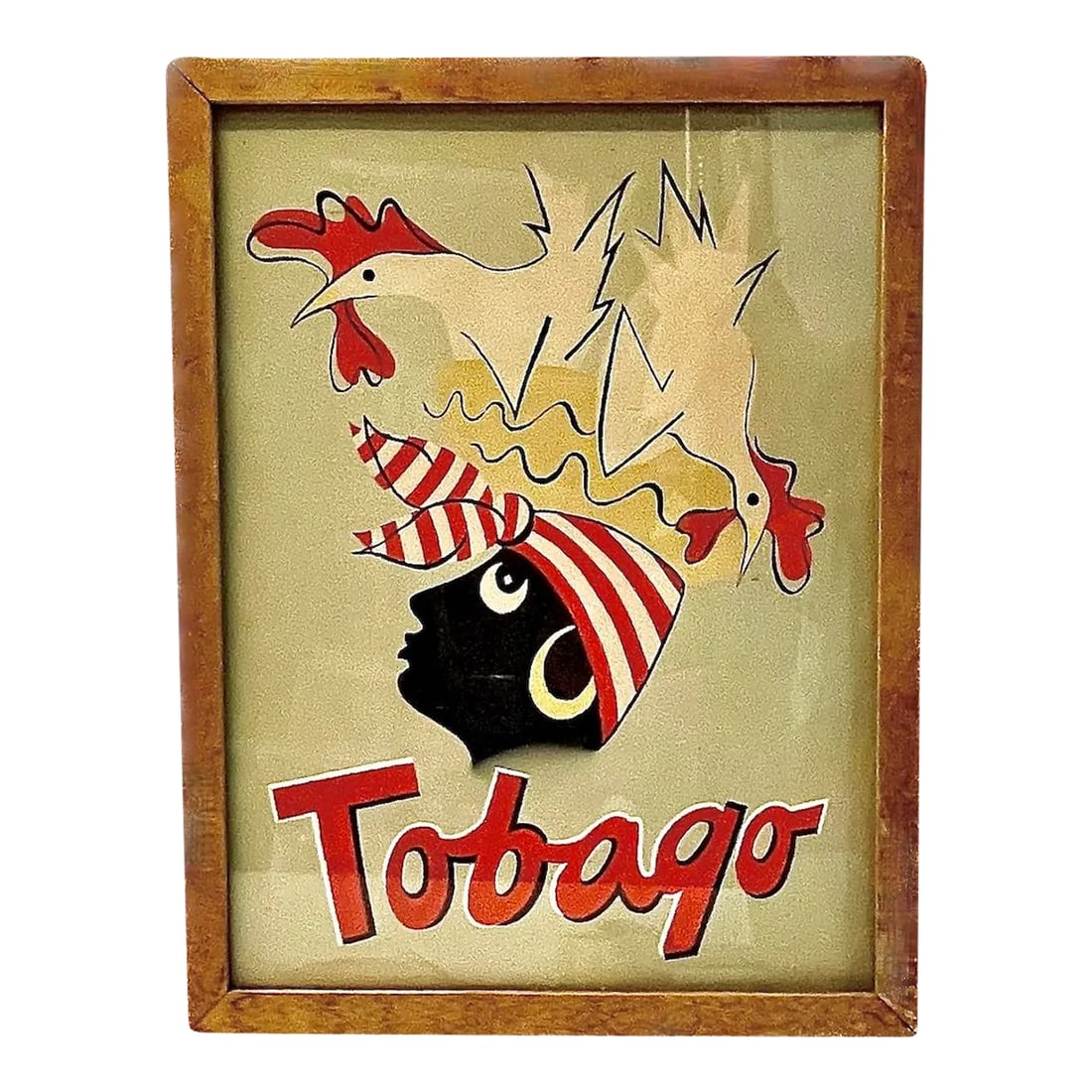 Vintage Tobago Framed Travel Print: Vintage Tobago travel framed print showing a woman with a head scarf and a pair of chickens. No maker's marks. Condition: Alterations: Original Condition Unaltered Imperfections: Some Imperfections