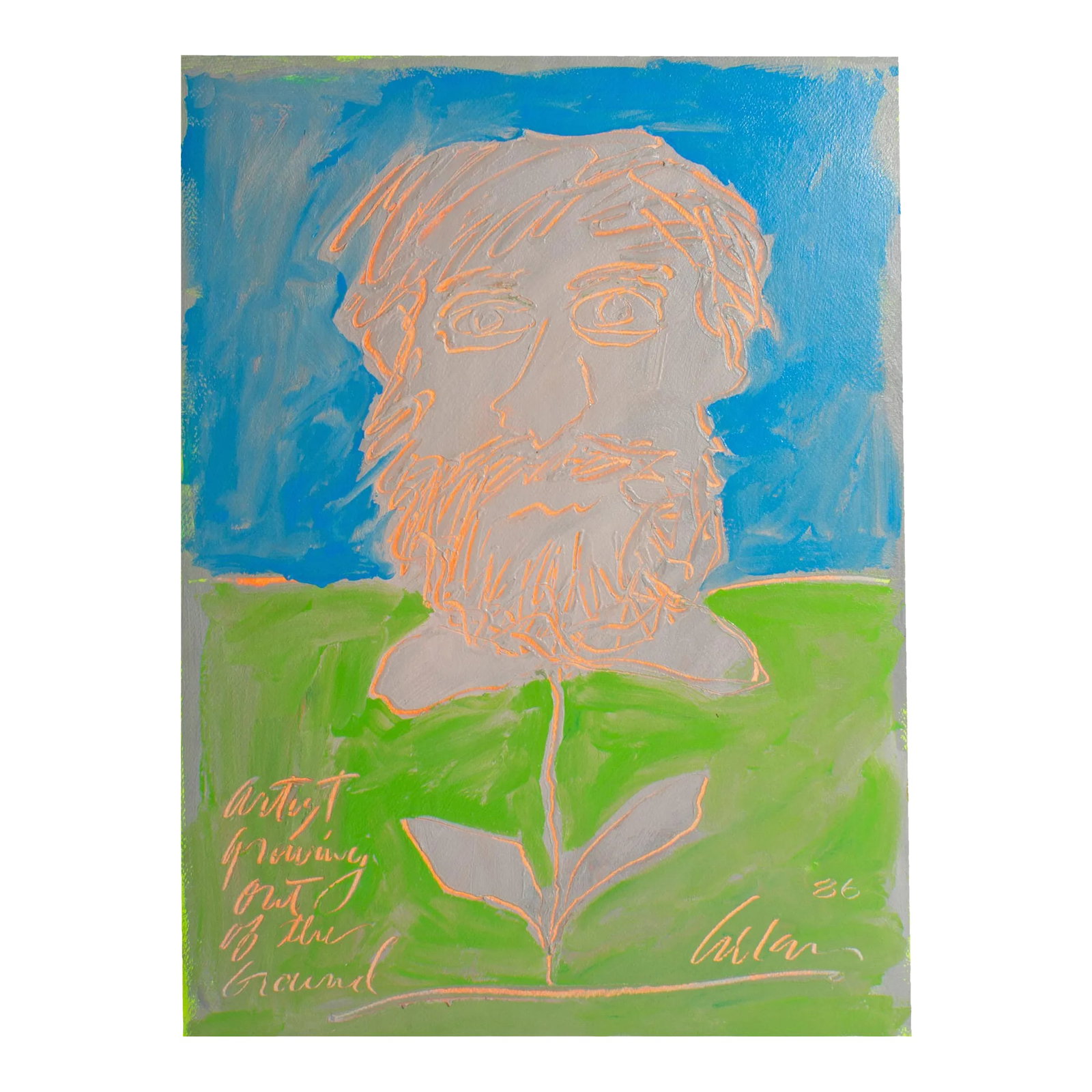 1986 "Artist Growing Out of the Ground" Abstract Acrylic Self Portrait Painting by Harry Hilson: A 1986 self-portrait acrylic on paper painting titled Artist Growing out of the Ground by the American artist Harry Hilson (1935-2004). Illustrated in bright orange over gray upon a blue and green