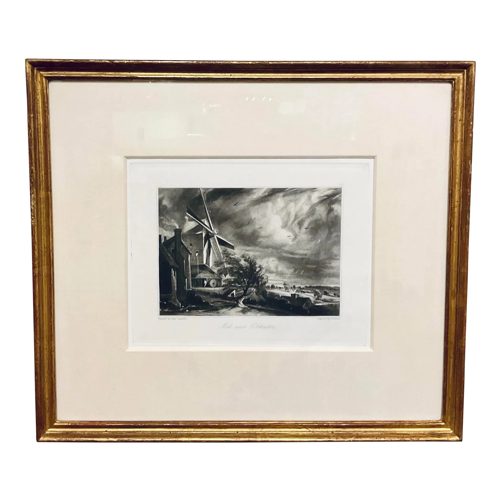 Antique Black and White Engraving Landscape of "Mill Near Colchester" by John Constable: Antique Black and White Engraving Landscape of "Mill Near Colchester" by John Constable, hand wrapped cream silk matte, gold leaf finished wood frame circa Mid 1800's, I have six of these total with