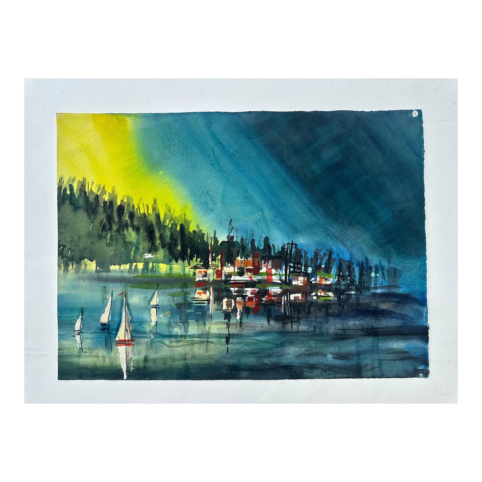 Sunset Sail Watercolor Painting: A brilliantly colored watercolor of boats on the water with a hilly forest and bright sky in the background. Condition: Alterations: Original Condition Unaltered Imperfections: Some Imperfections