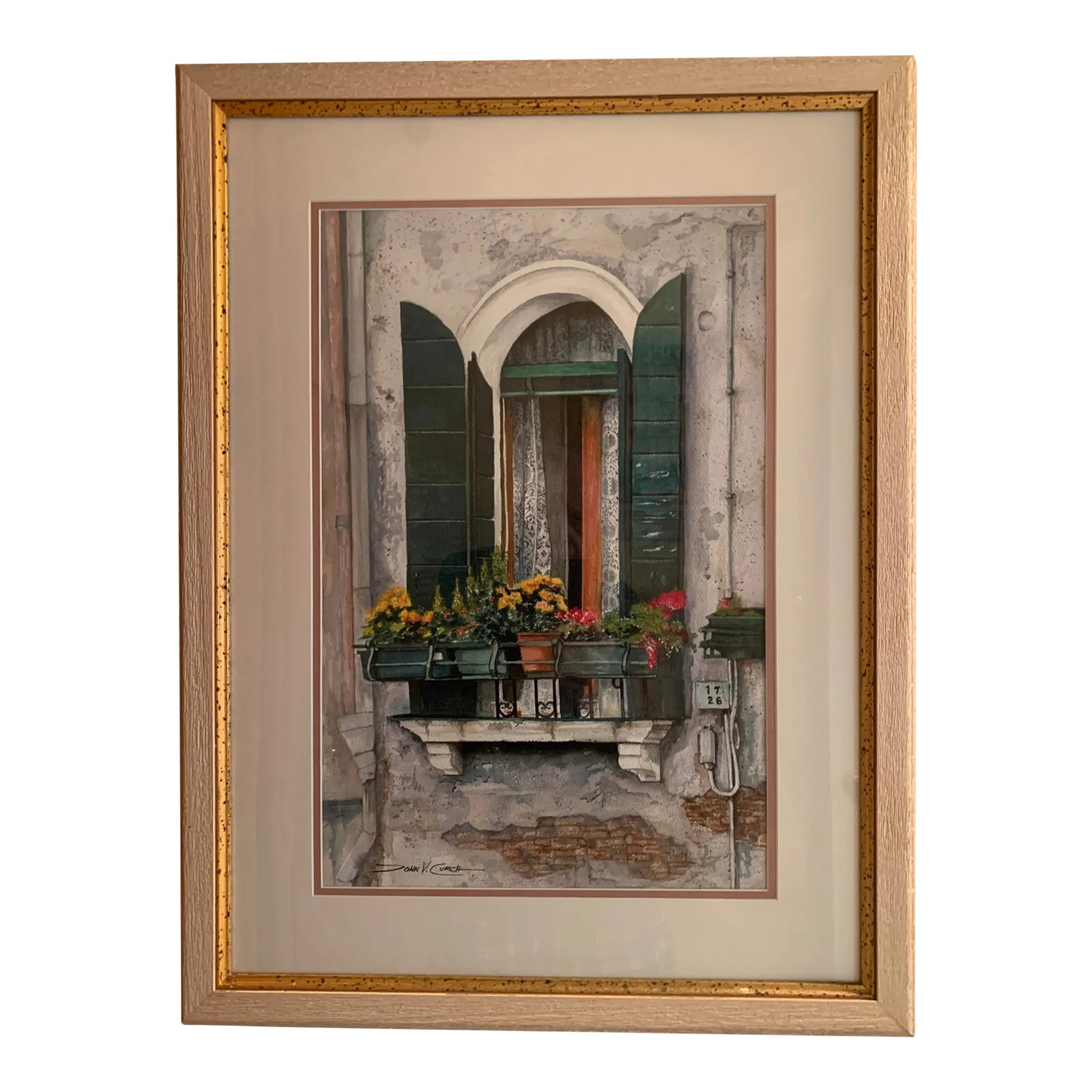 Late 20th Century Framed Realist Italy Merano Venice Window Watercolor Painting: This Late 20th century framed Realist Italy Merano Venice Window Watercolor Painting is in good condition. Painted 2002. Framed size is 28 x 22. x 1 1 2" Painted size is 20 1/2 x 13 1/2". Custom