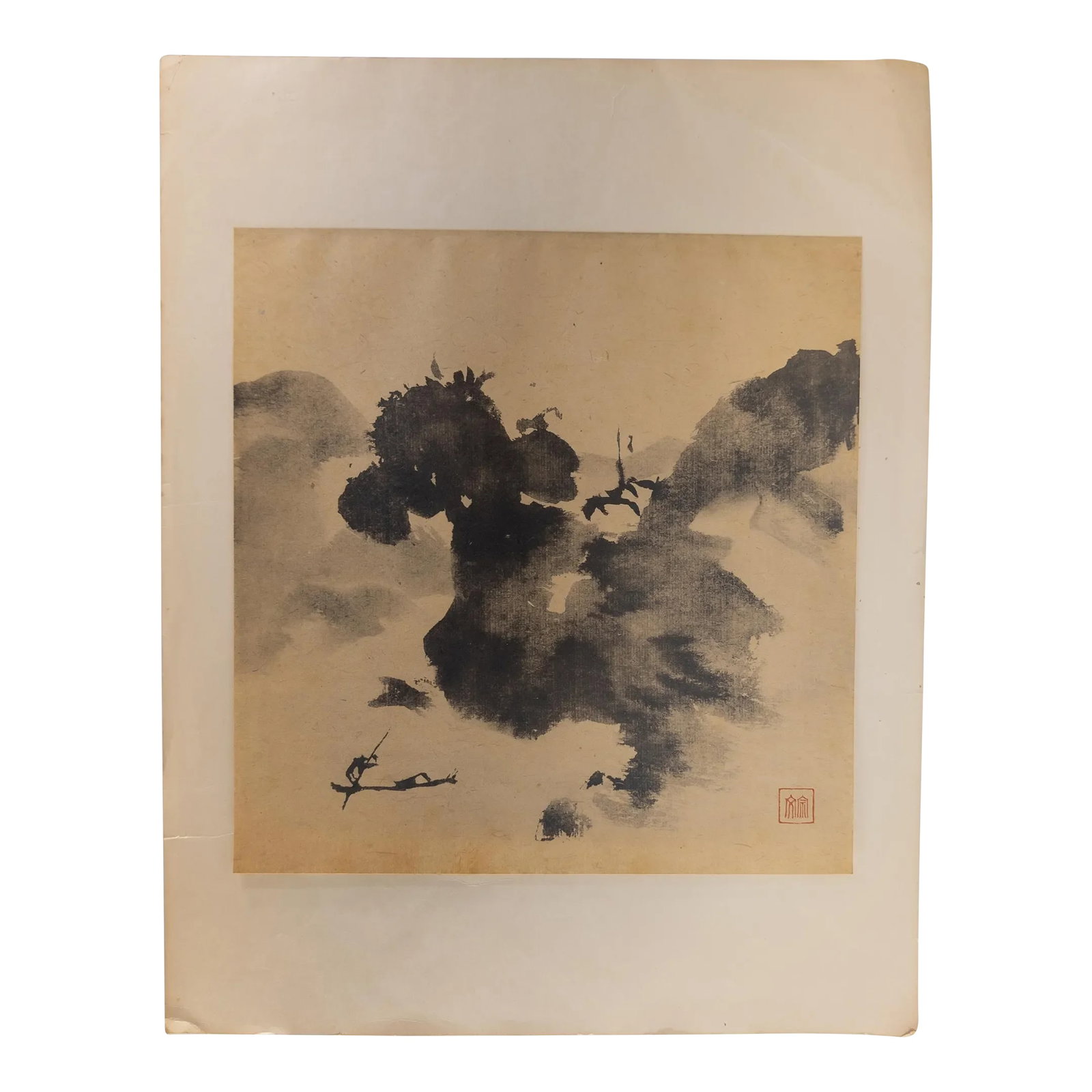 19th Century Chinese or Japanese Abstract Watercolor Ink Wash Painting: We are selling this Asian modern style 19th century watercolor painting. This painting appears to be an abstract landscape done in watercolor ink wash with a figure in a boat and a seal signature at t