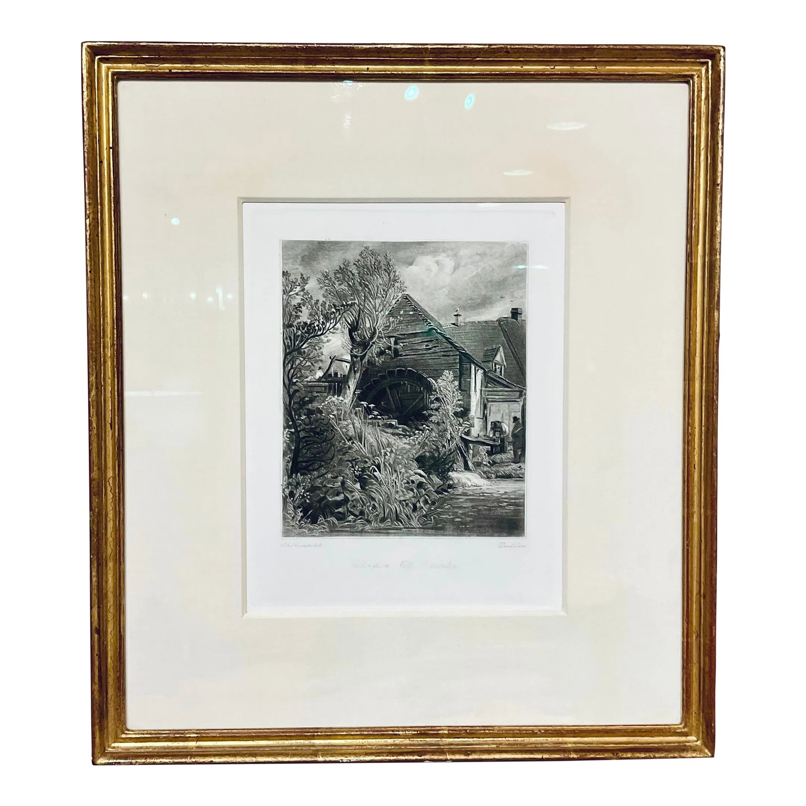 Antique Black and White Engraving Landscape of "Gillingham Mill Dorset" by John Constable: Antique Black and White Engraving Landscape of "Gillingham Mill Dorset" by John Constable, hand wrapped cream silk matte, gold leaf finished wood frame circa Mid 1800's, I have six of these total
