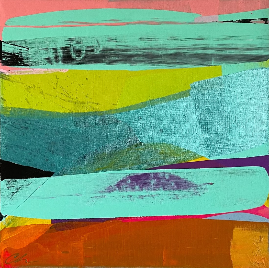 "Haleakala" Original Abstract Painting by Cathe Hendrick: This painting reminded me of my experience in hiking the trails in the crater on the island of Maui. The layers of mist and the ridges of the crater peeking through with the sky and water in the dista