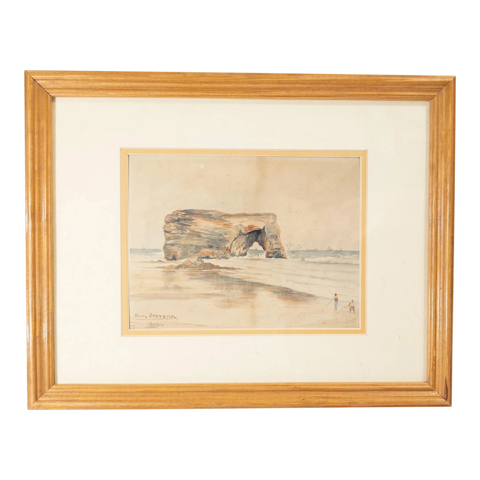 1900's English Watercolor Landscape Painting of Marsden Rock Signed Stevenson: We are offering this charming little watercolor painting of Marsden Rock in North East England. This small watercolor is signed John Stevenson and dated 1902. Condition: Some browning and burning to