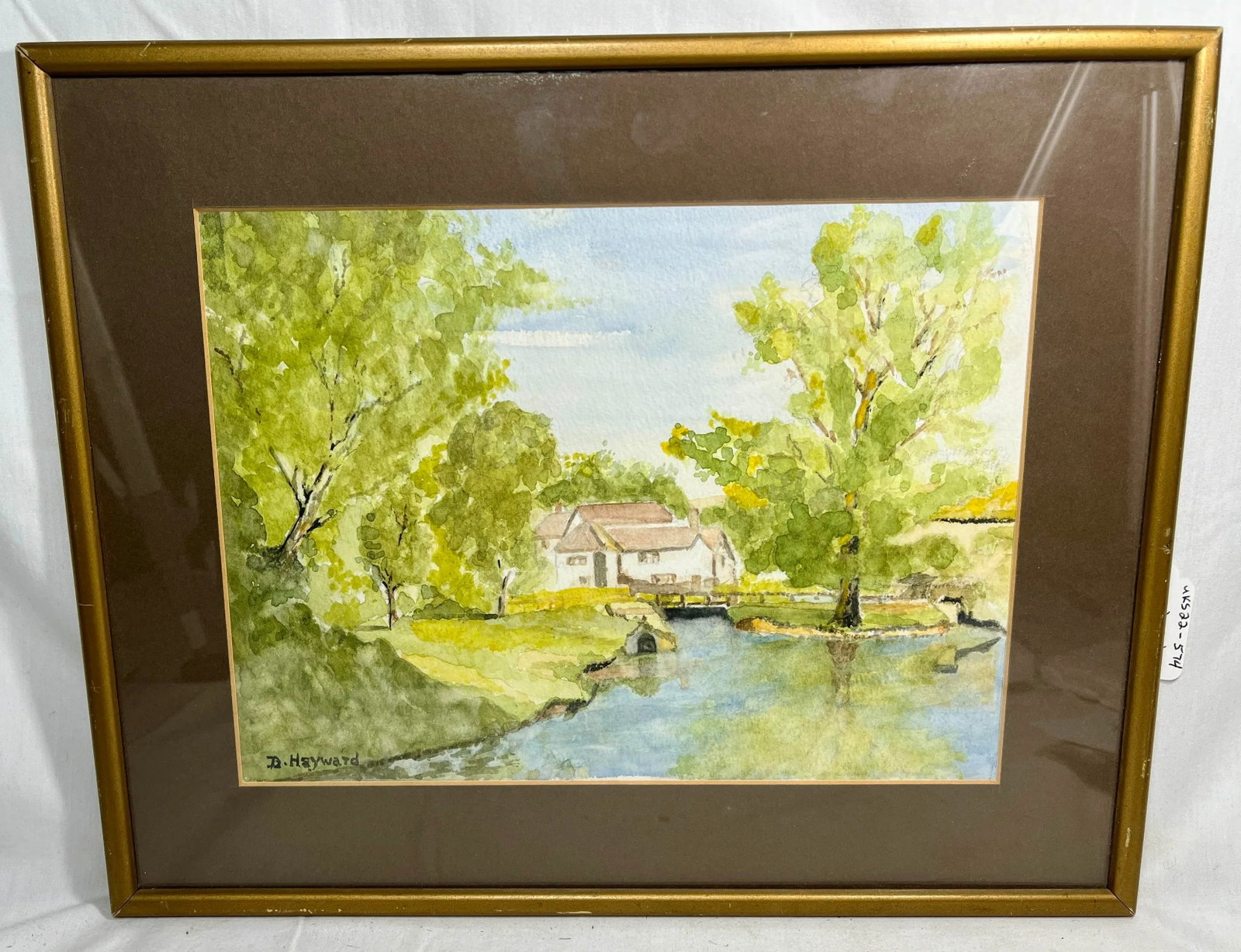 Vintage English Watercolor Painting of a Cottage Perched Delicately on the Banks of a Stream - Signe - 11