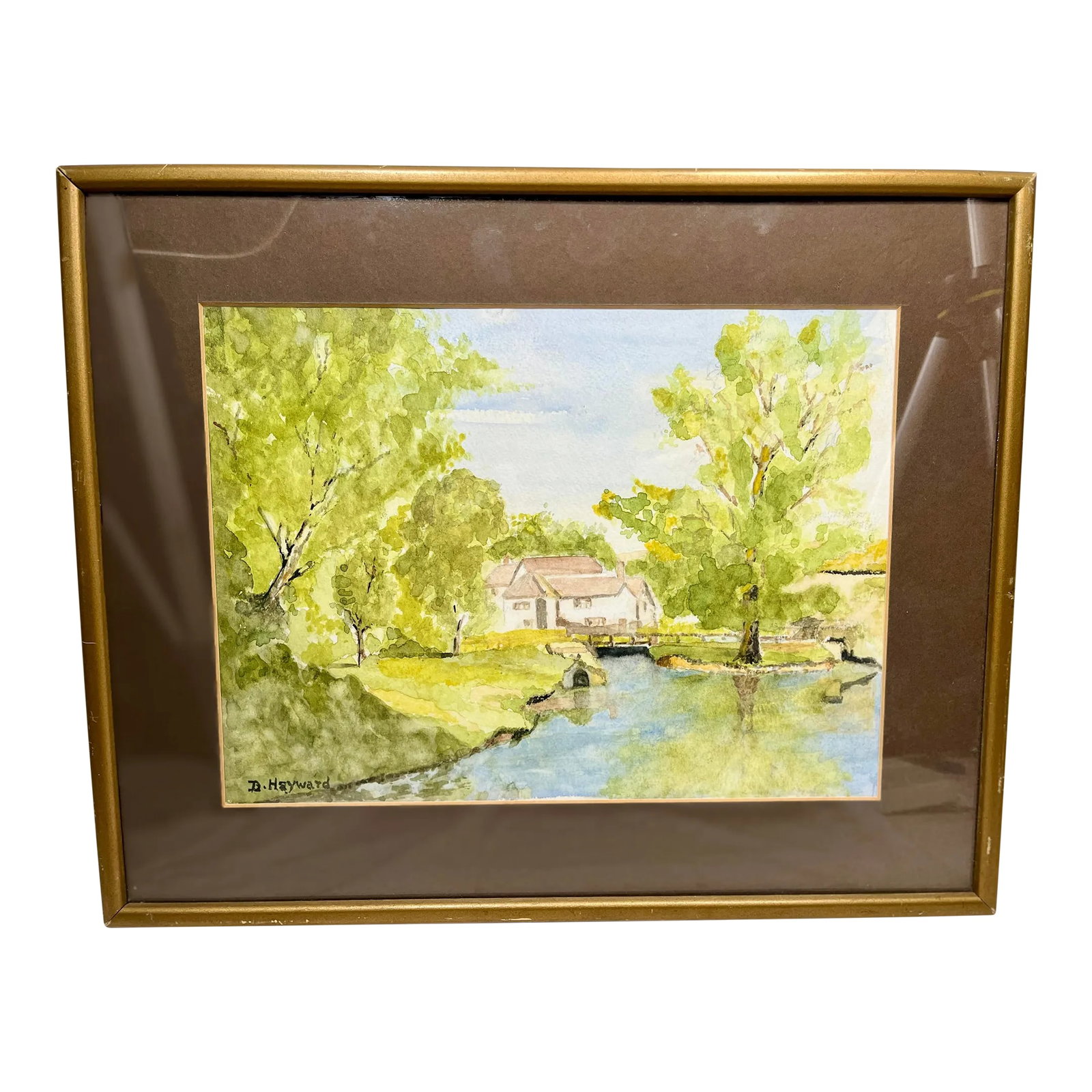 Vintage English Watercolor Painting of a Cottage Perched Delicately on the Banks of a Stream - Signe: Vintage English Watercolor Painting of a Cottage Perched Delicately on the Banks of a Stream Surrounded by Lush Trees - Signed D Heyward - Circa 1940's Beautiful signed watercolor painting of a