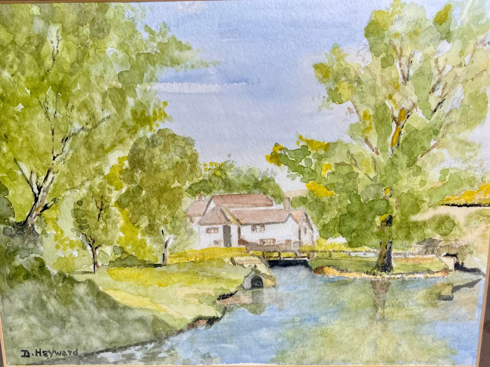 Vintage English Watercolor Painting of a Cottage Perched Delicately on the Banks of a Stream - Signe - 2