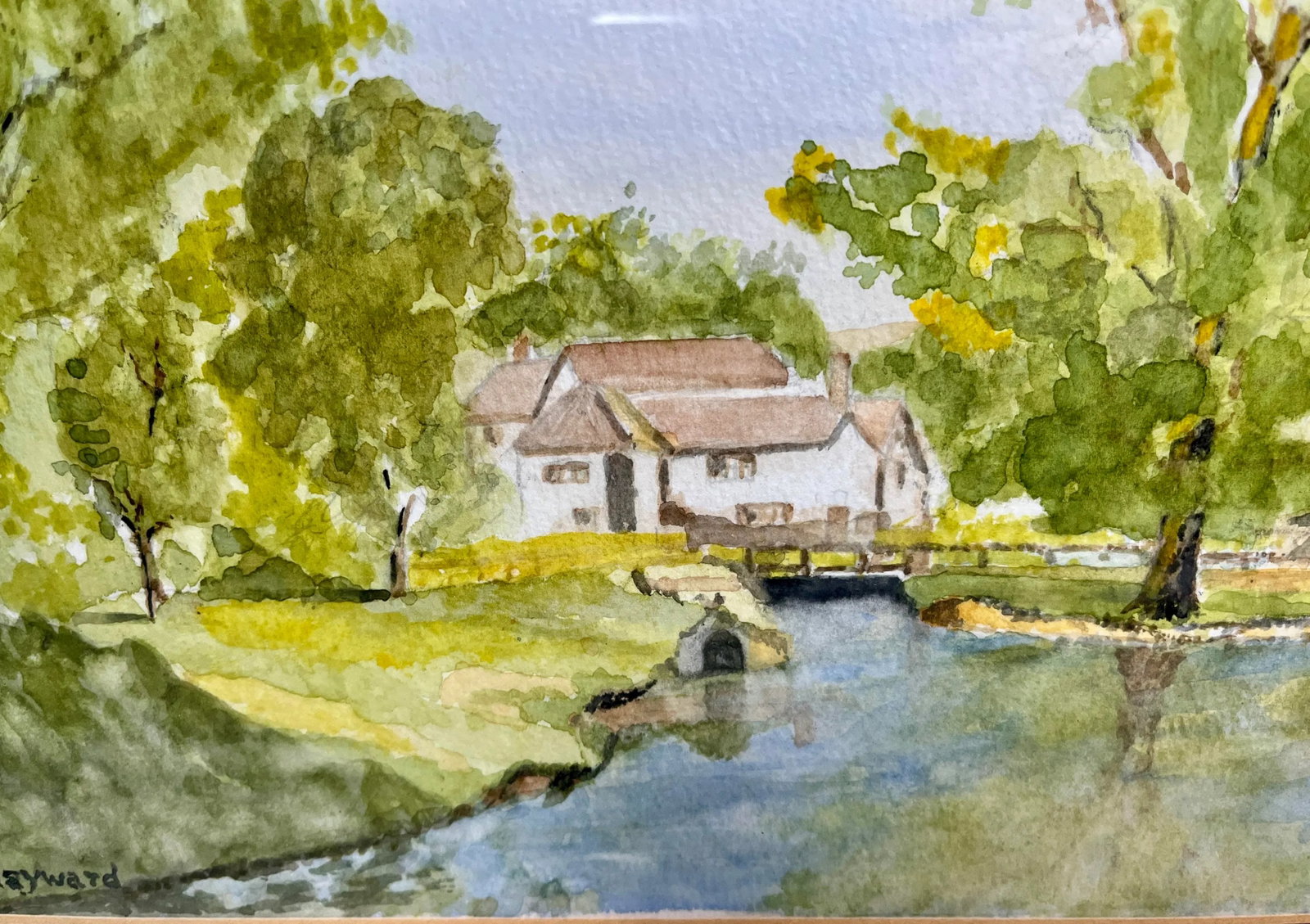 Vintage English Watercolor Painting of a Cottage Perched Delicately on the Banks of a Stream - Signe - 3