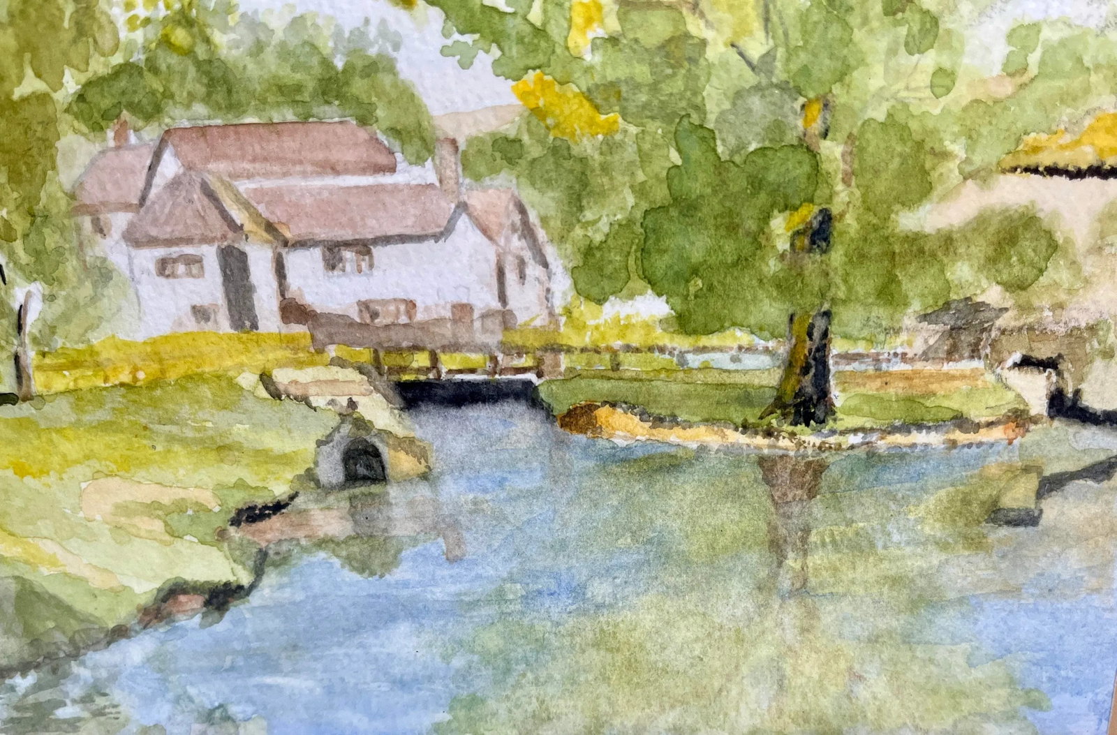 Vintage English Watercolor Painting of a Cottage Perched Delicately on the Banks of a Stream - Signe - 4