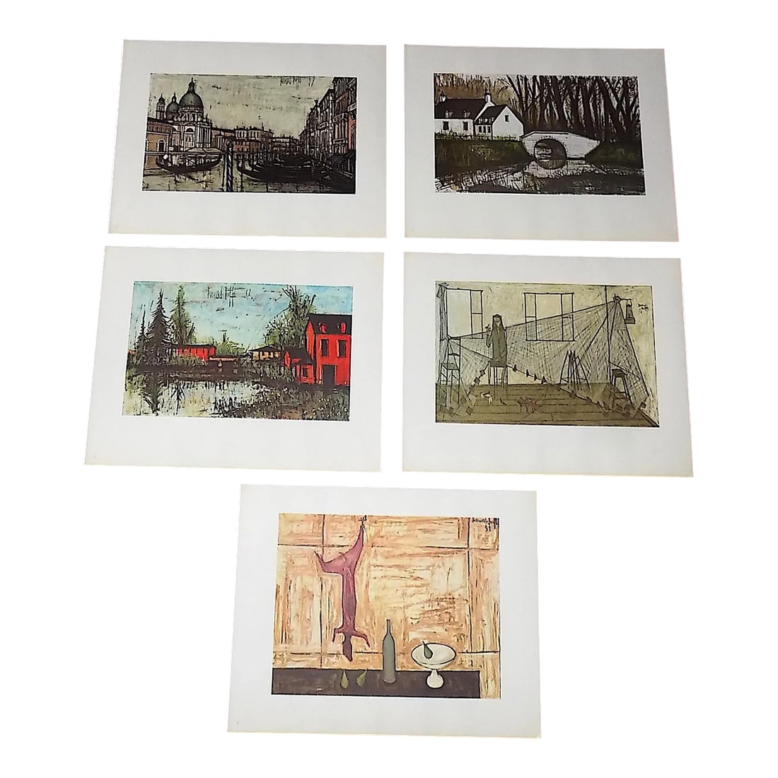 Vintage Signed/Dated Mid 20th Century Modern Bernard Buffet Large Folio Lithographs - Set of 5: This set of five (5) abstracted mid 20th century large folio lithographs by Bernard Buffet (France 1928-1999) depict landscapes and still lives. They were printed in 1966 in France on substantial