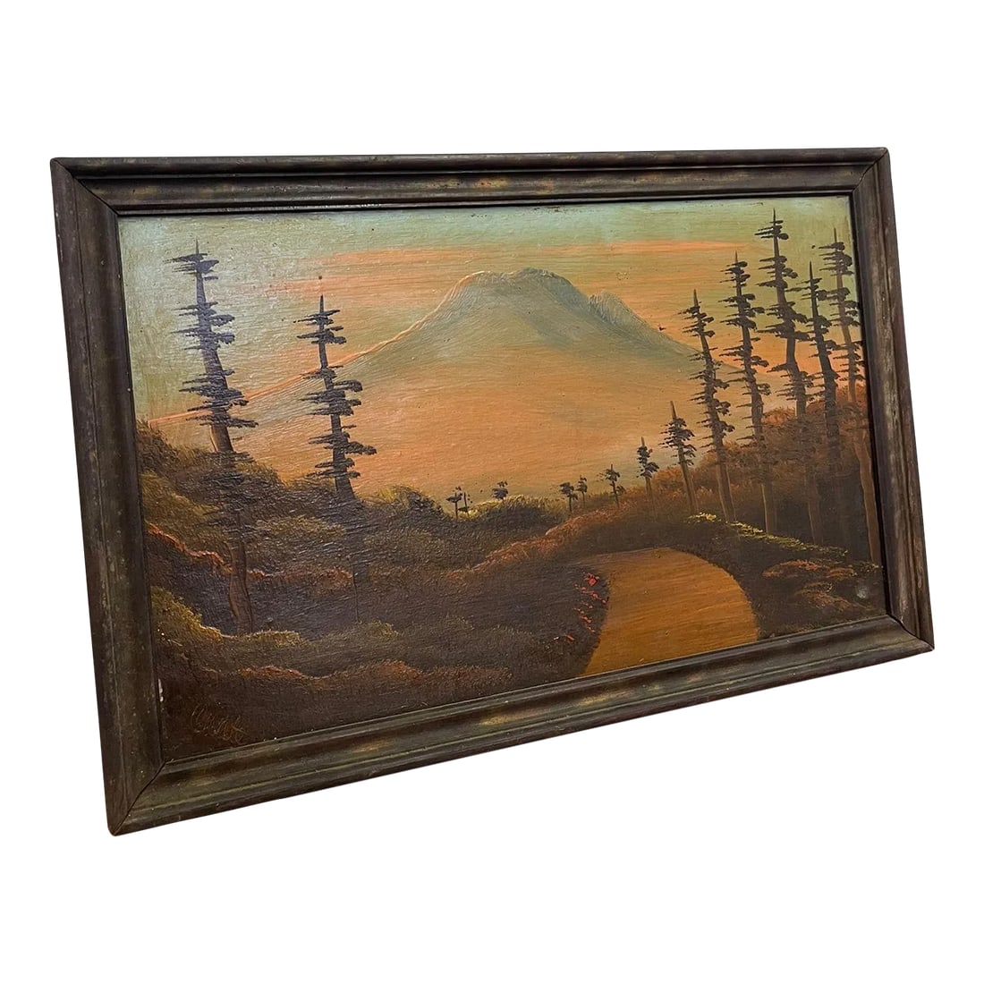 Vintage Framed Original Signed Painting of Mount Rainier.: Possibly 1930s, due to Age of Frame and Petina on Painting. Possibly Oil or Acrylic on Canvas. Mountain Forest Scene. Vintage Condition Consistent with Age as Pictured. Dimensions. 11 W ; 3/4 D ; 6 H